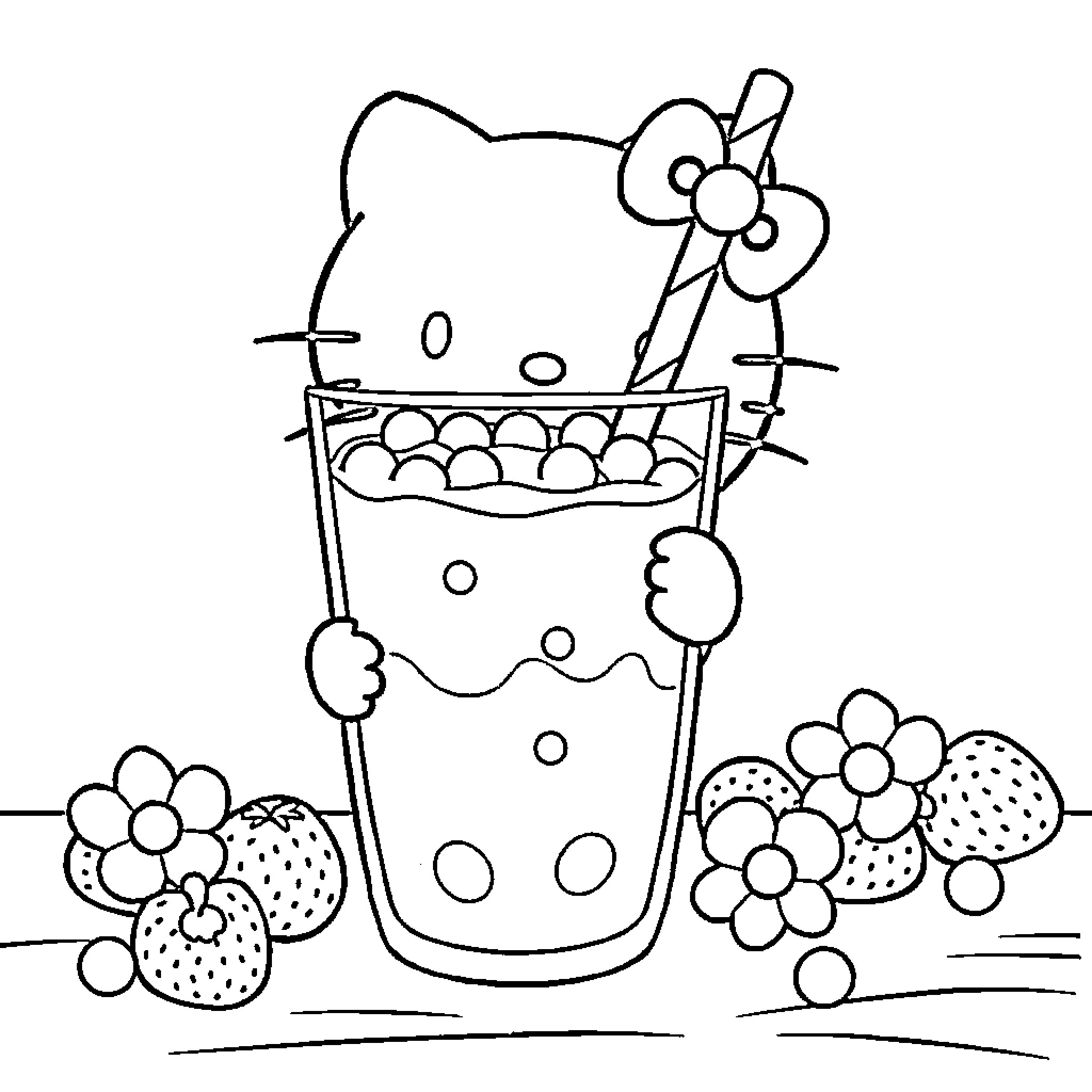 Hello Kitty enjoying a strawberry smoothie with flowers Coloring Page (free black-and-white line drawing printable PDF for all, from beginners to advanced learners, including children, teens, adults, and seniors)
