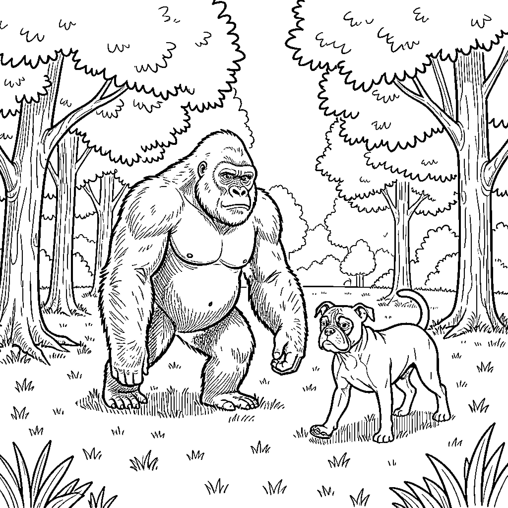 Gorilla walking through the forest with a dog Coloring Page (free black-and-white line drawing printable PDF for all, from beginners to advanced learners, including children, teens, adults, and seniors)