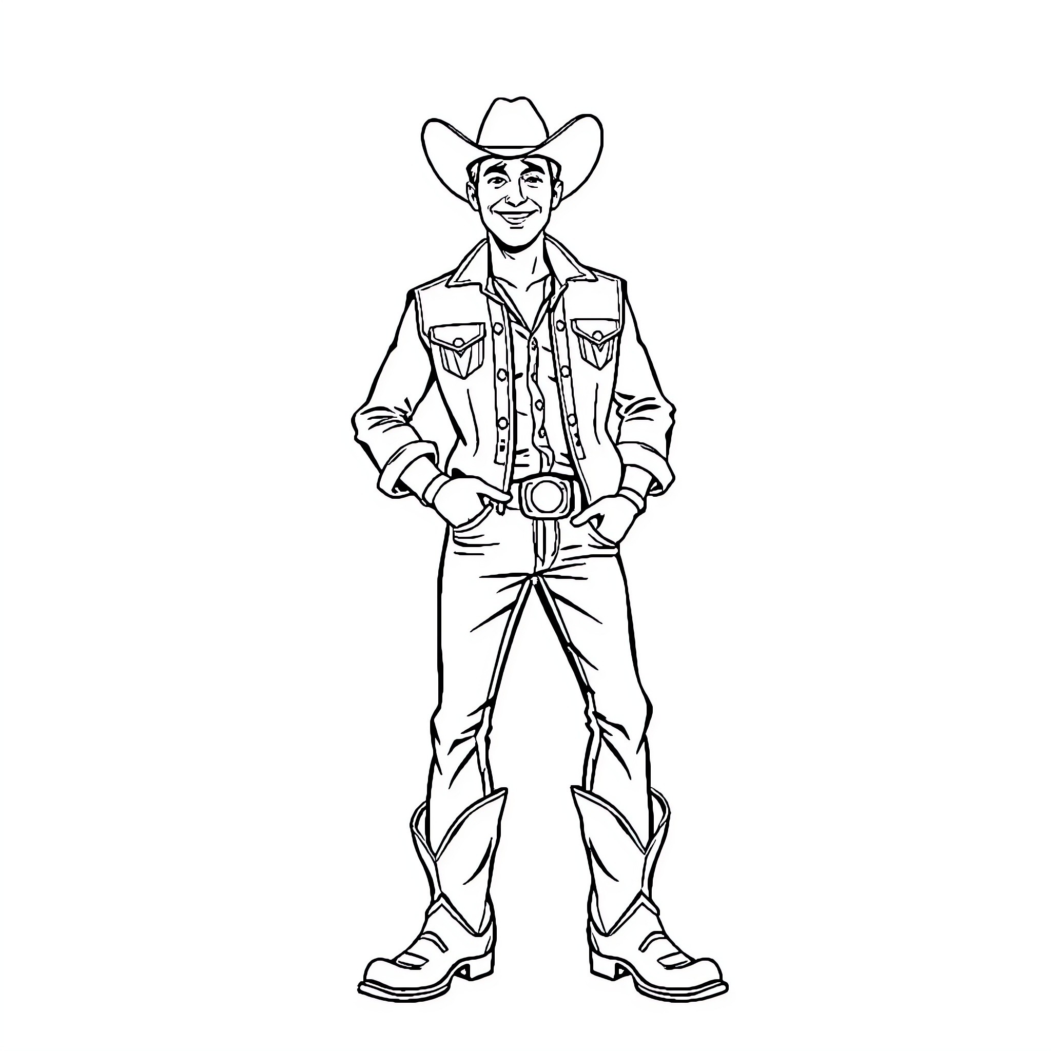 Damian Salvatore, a smiling cowboy in a western outfit Coloring Page (free black-and-white line drawing printable PDF for all, from beginners to advanced learners, including children, teens, adults, and seniors)