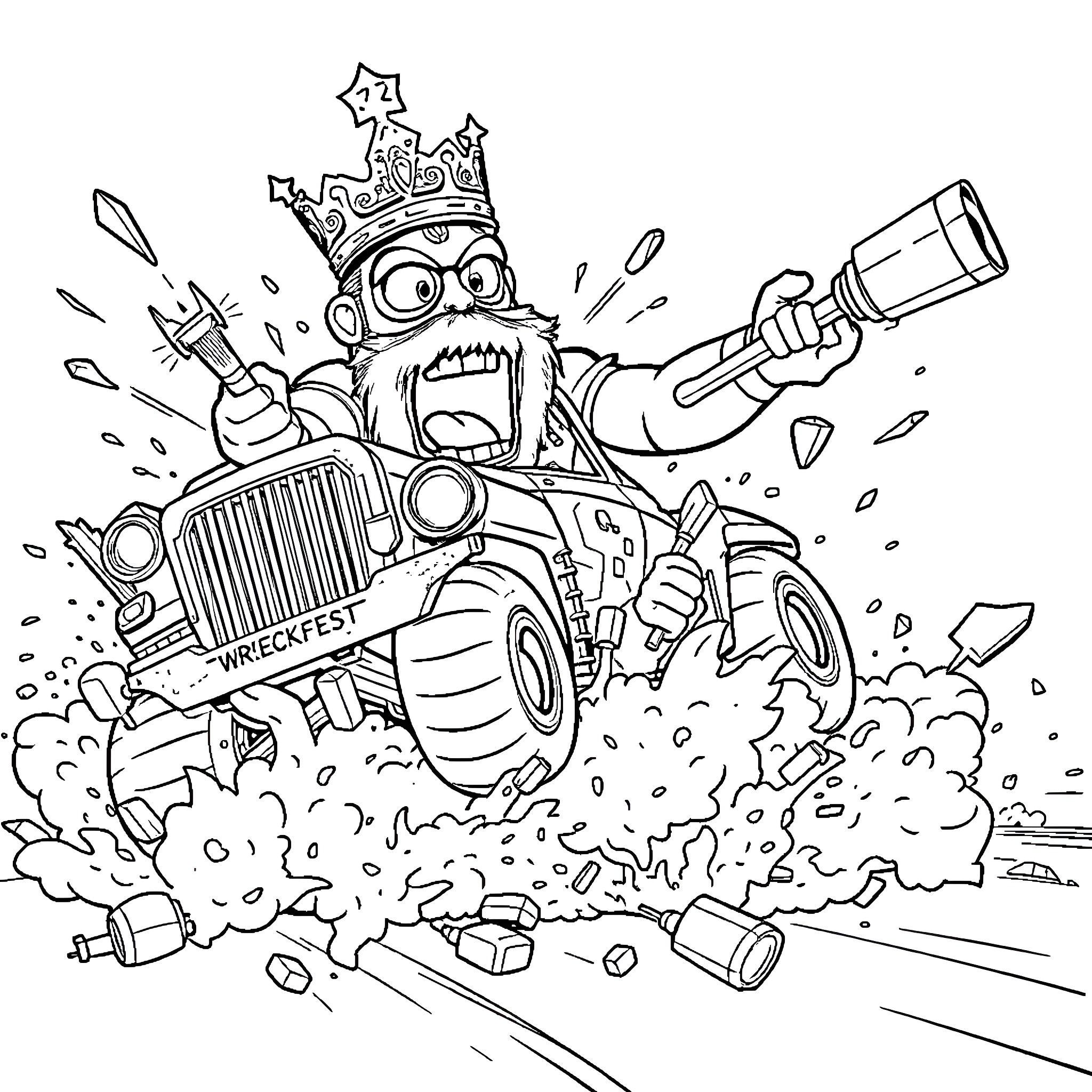 Grand Duke recklessly driving through chaos Coloring Page (free black-and-white line drawing printable PDF for all, from beginners to advanced learners, including children, teens, adults, and seniors)
