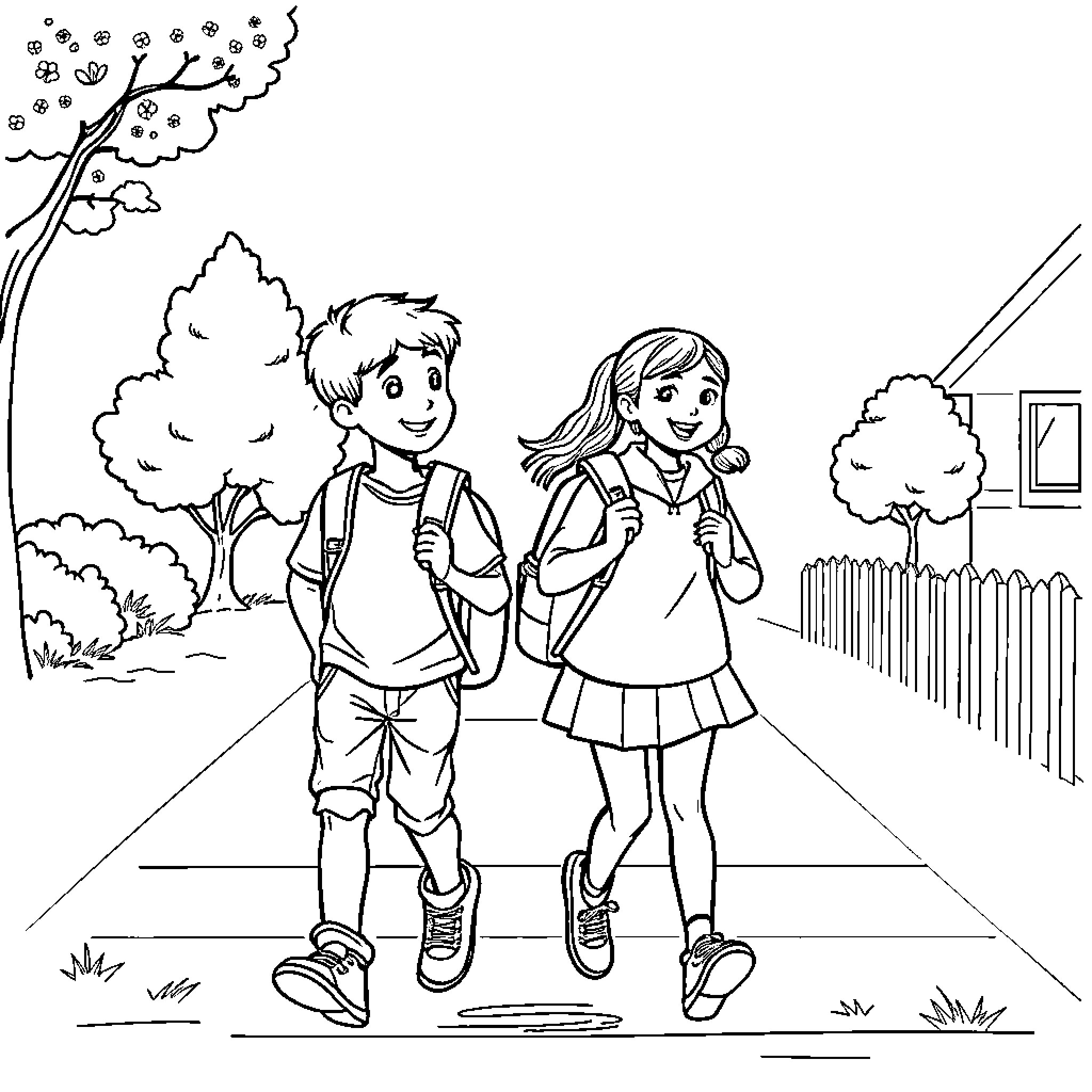 Child walking happily with friend on path Coloring Page (free black-and-white line drawing printable PDF for all, from beginners to advanced learners, including children, teens, adults, and seniors)