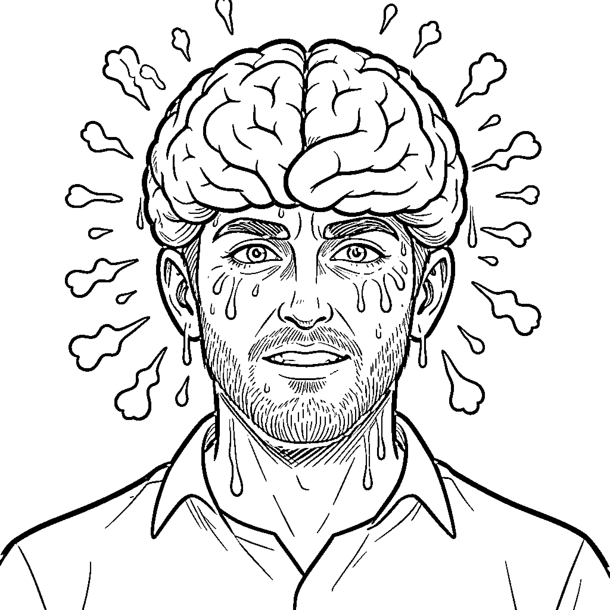 Malame Amarele man with an oversized brain sweating profusely Coloring Page (free black-and-white line drawing printable PDF for all, from beginners to advanced learners, including children, teens, adults, and seniors)