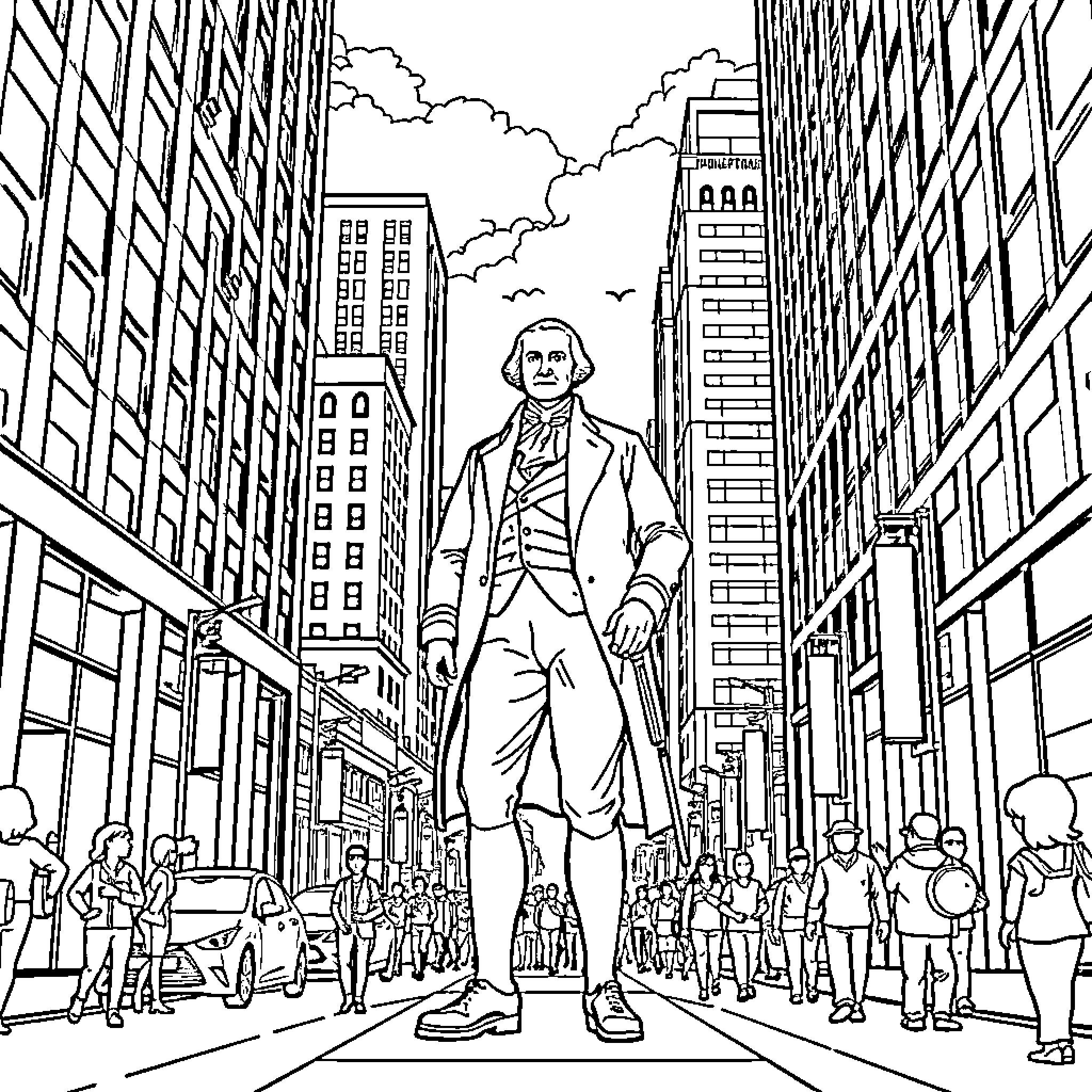 George Washington standing in bustling city street Coloring Page (free black-and-white line drawing printable PDF for all, from beginners to advanced learners, including children, teens, adults, and seniors)