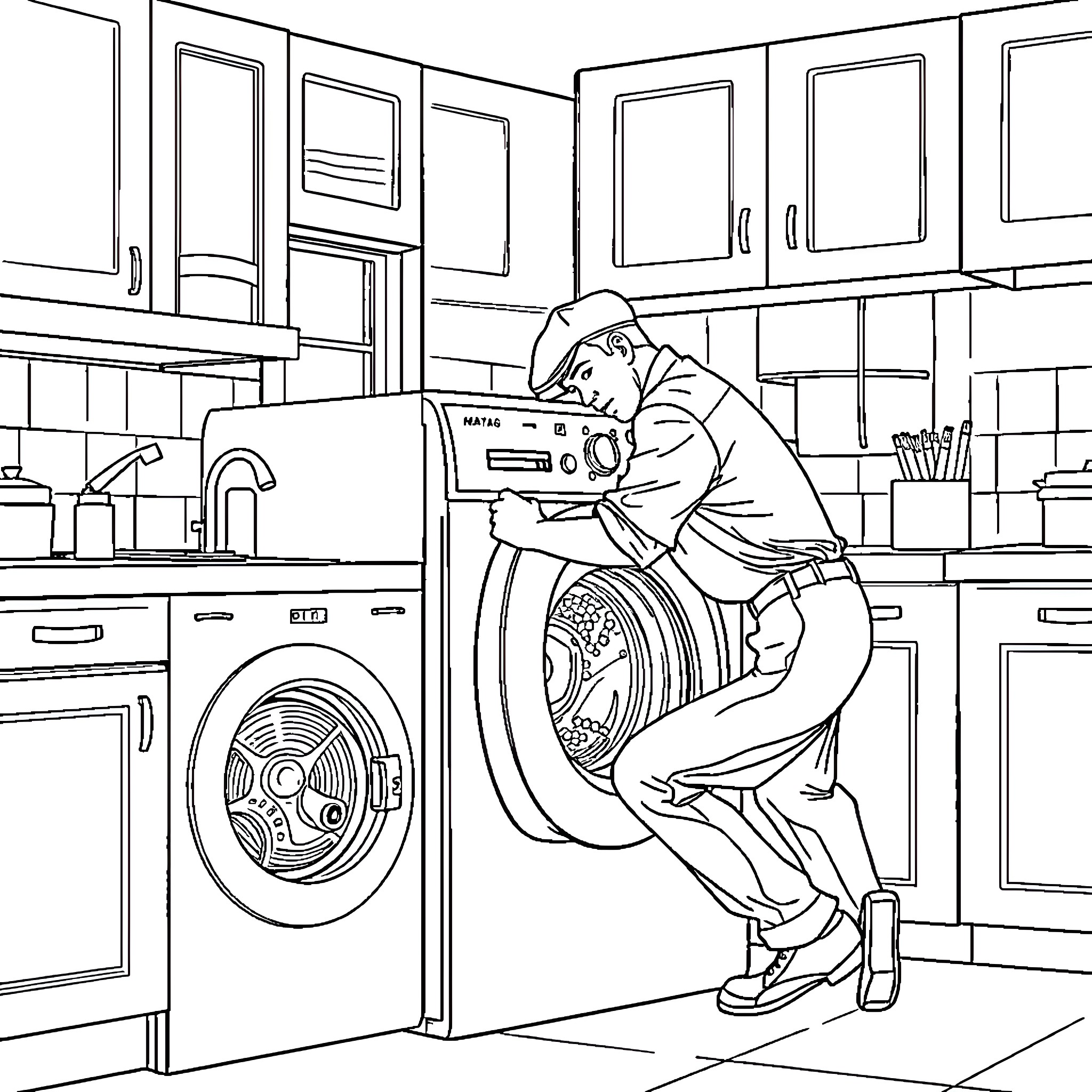 Appliance Man Attempts to Repair Washing Machine in Kitchen Coloring Page (free black-and-white line drawing printable PDF for all, from beginners to advanced learners, including children, teens, adults, and seniors)