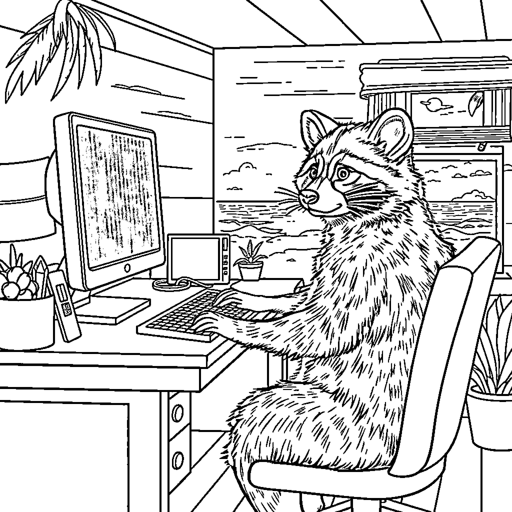 Raccoon working diligently at a computer desk Coloring Page (free black-and-white line drawing printable PDF for all, from beginners to advanced learners, including children, teens, adults, and seniors)