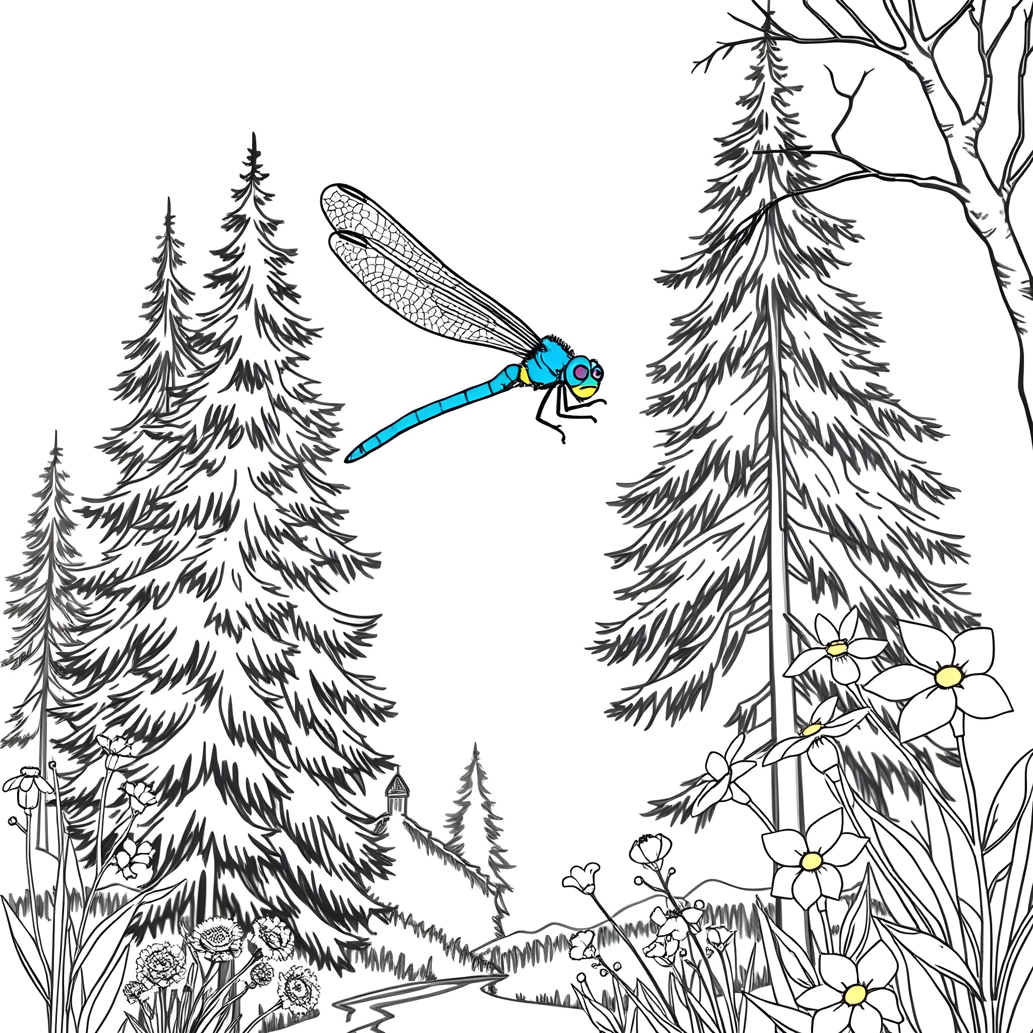 Dragonfly soaring through a forest landscape Coloring Page (free black-and-white line drawing printable PDF for all, from beginners to advanced learners, including children, teens, adults, and seniors)