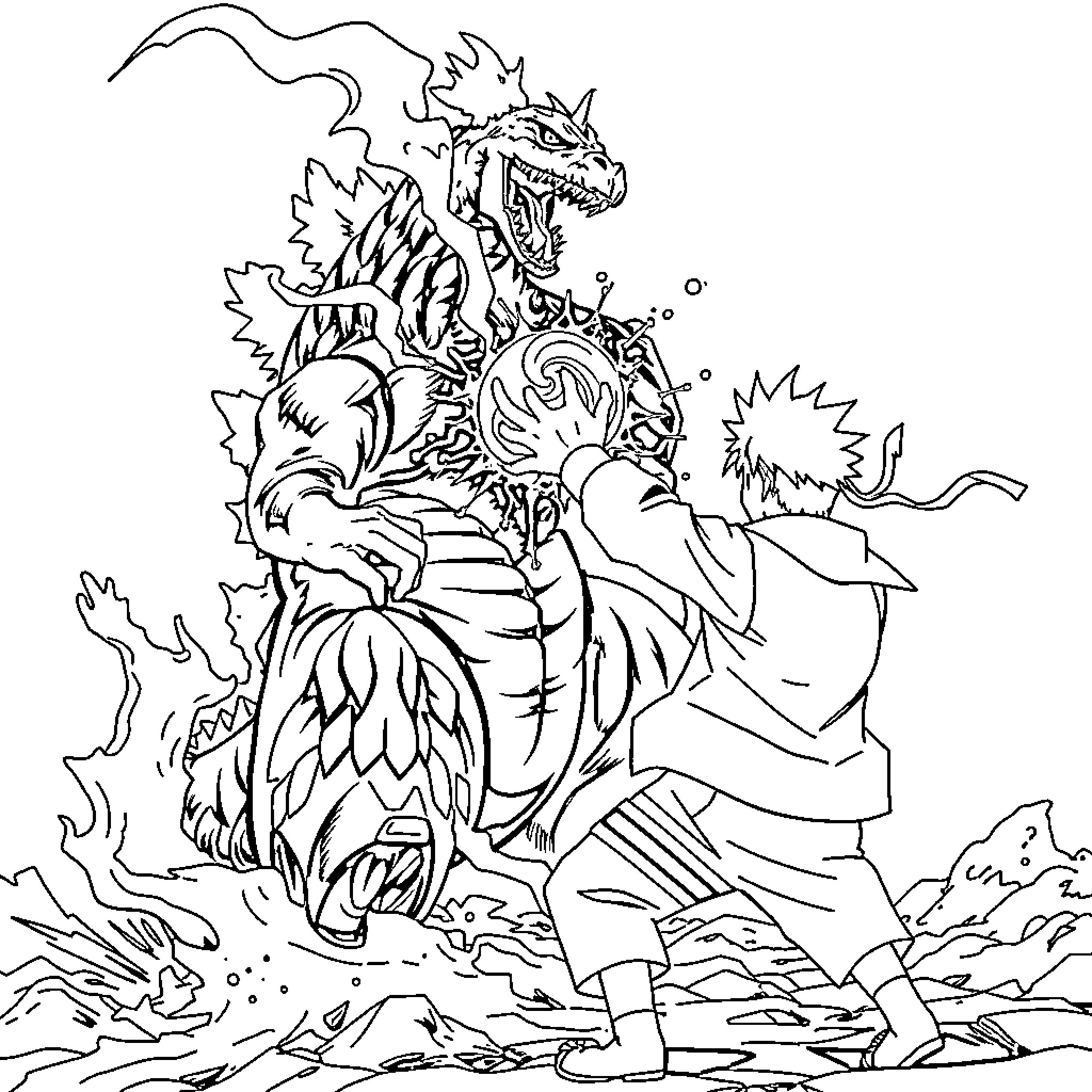 Naruto unleashing powerful jutsu against monstrous foe Coloring Page (free black-and-white line drawing printable PDF for all, from beginners to advanced learners, including children, teens, adults, and seniors)