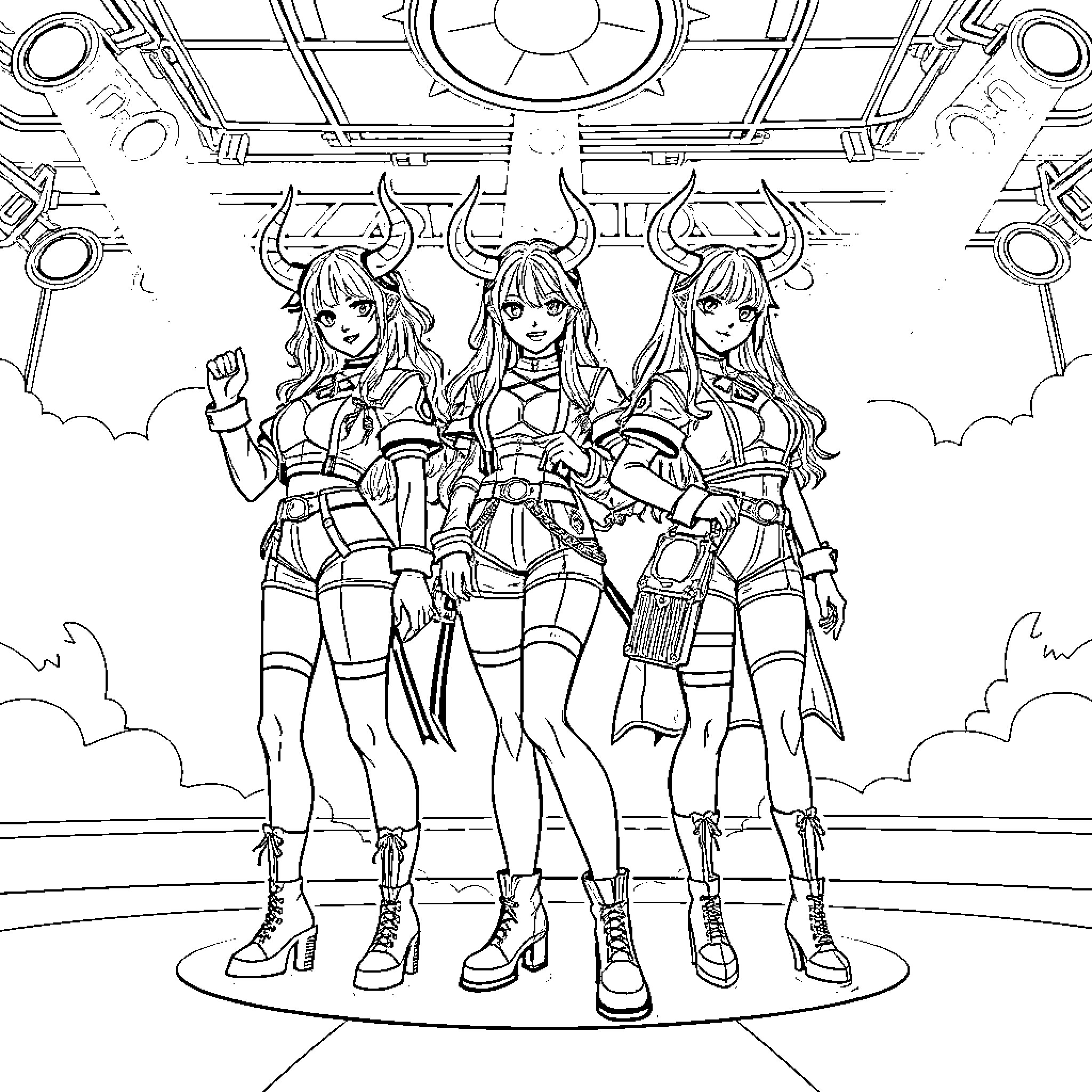 Demon Hunters in Action-Packed Sci-Fi Outfits Coloring Page (free black-and-white line drawing printable PDF for all, from beginners to advanced learners, including children, teens, adults, and seniors)