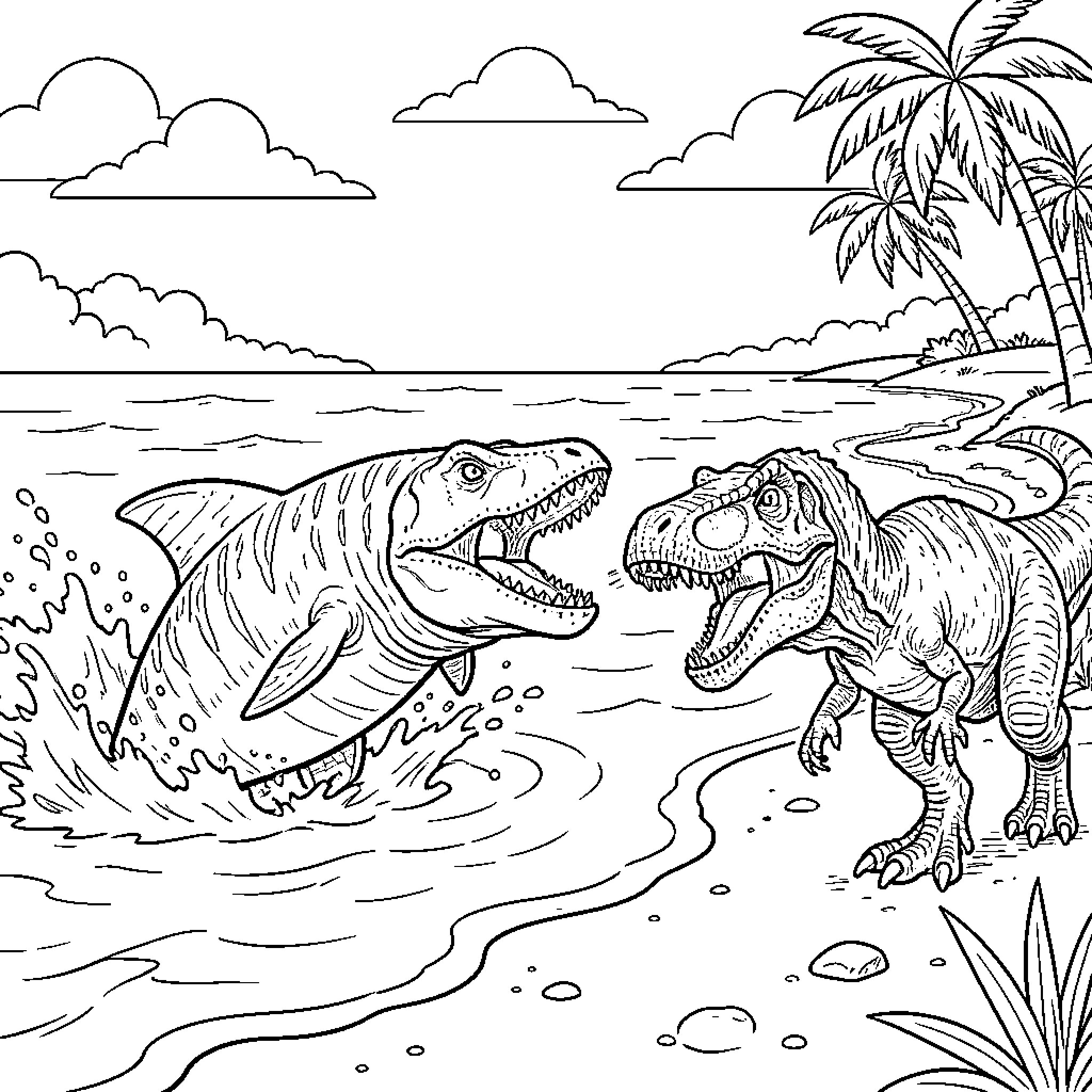 Mosasaurus and dinosaur facing off on a tropical beach Coloring Page (free black-and-white line drawing printable PDF for all, from beginners to advanced learners, including children, teens, adults, and seniors)