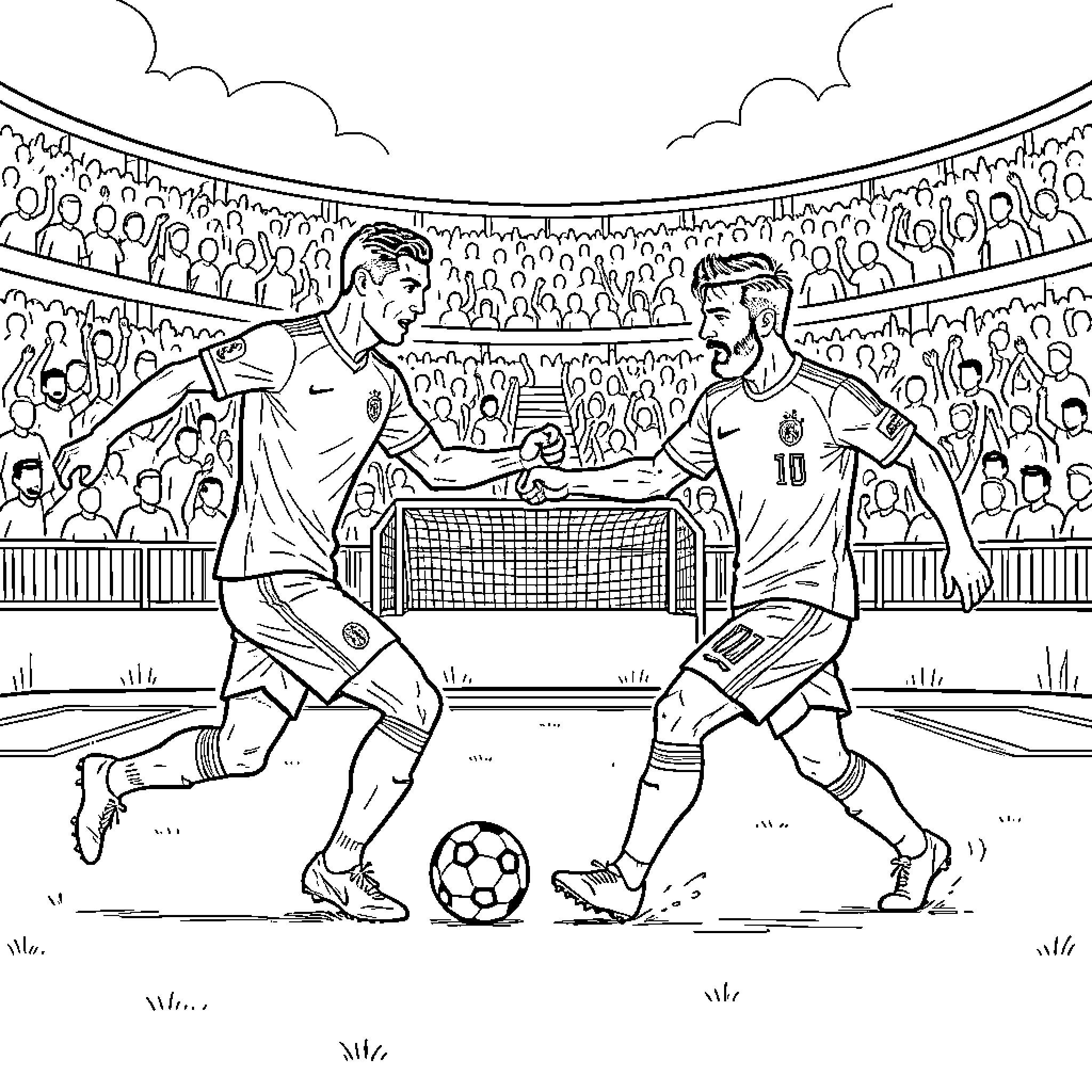 Cristiano Ronaldo dribbling a soccer ball during a match Coloring Page (free black-and-white line drawing printable PDF for all, from beginners to advanced learners, including children, teens, adults, and seniors)
