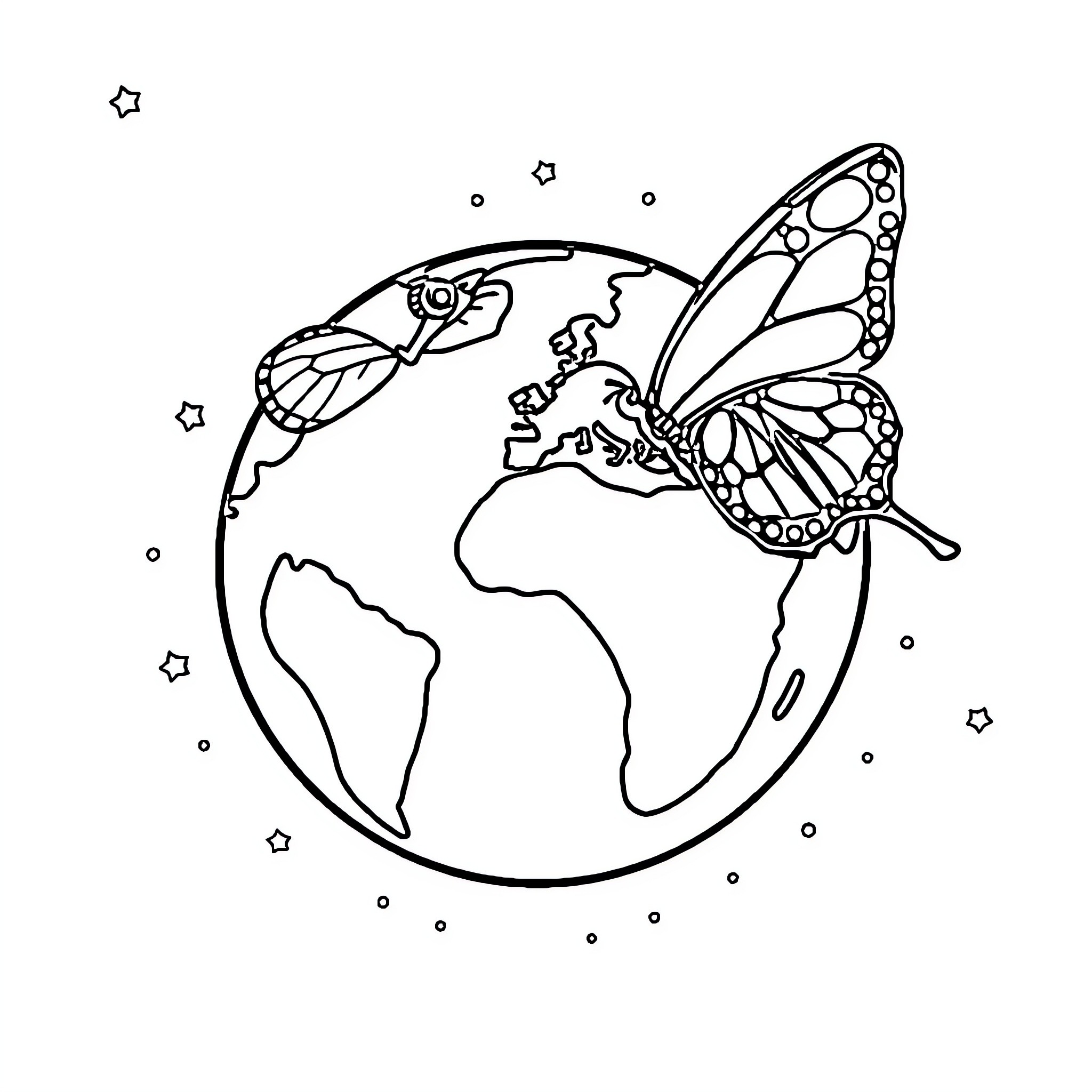 Butterfly soaring over the globe Coloring Page (free black-and-white line drawing printable PDF for all, from beginners to advanced learners, including children, teens, adults, and seniors)