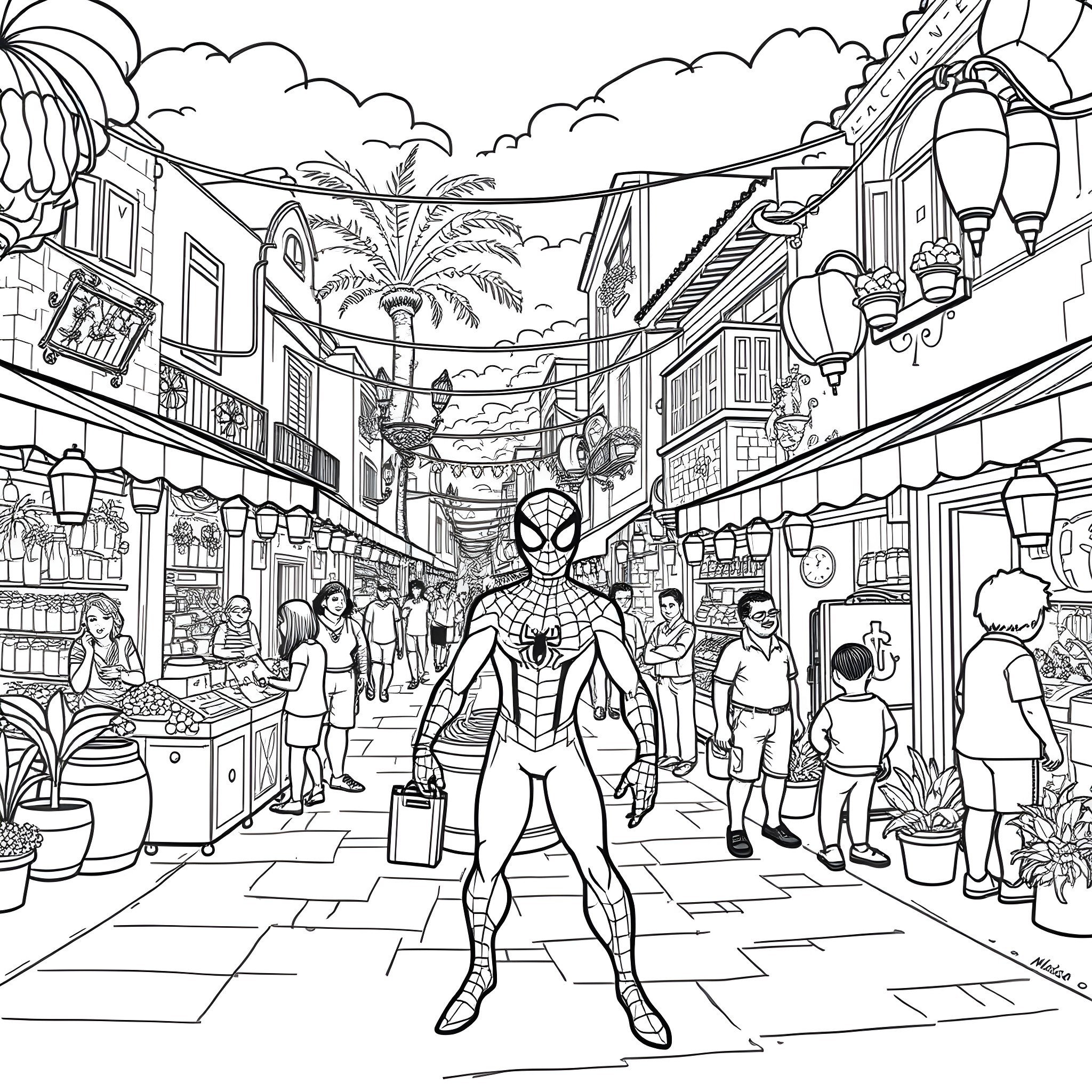 Spidey's Vibrant Adventure in the Bustling Marketplace Coloring Page (free black-and-white line drawing printable PDF for all, from beginners to advanced learners, including children, teens, adults, and seniors)