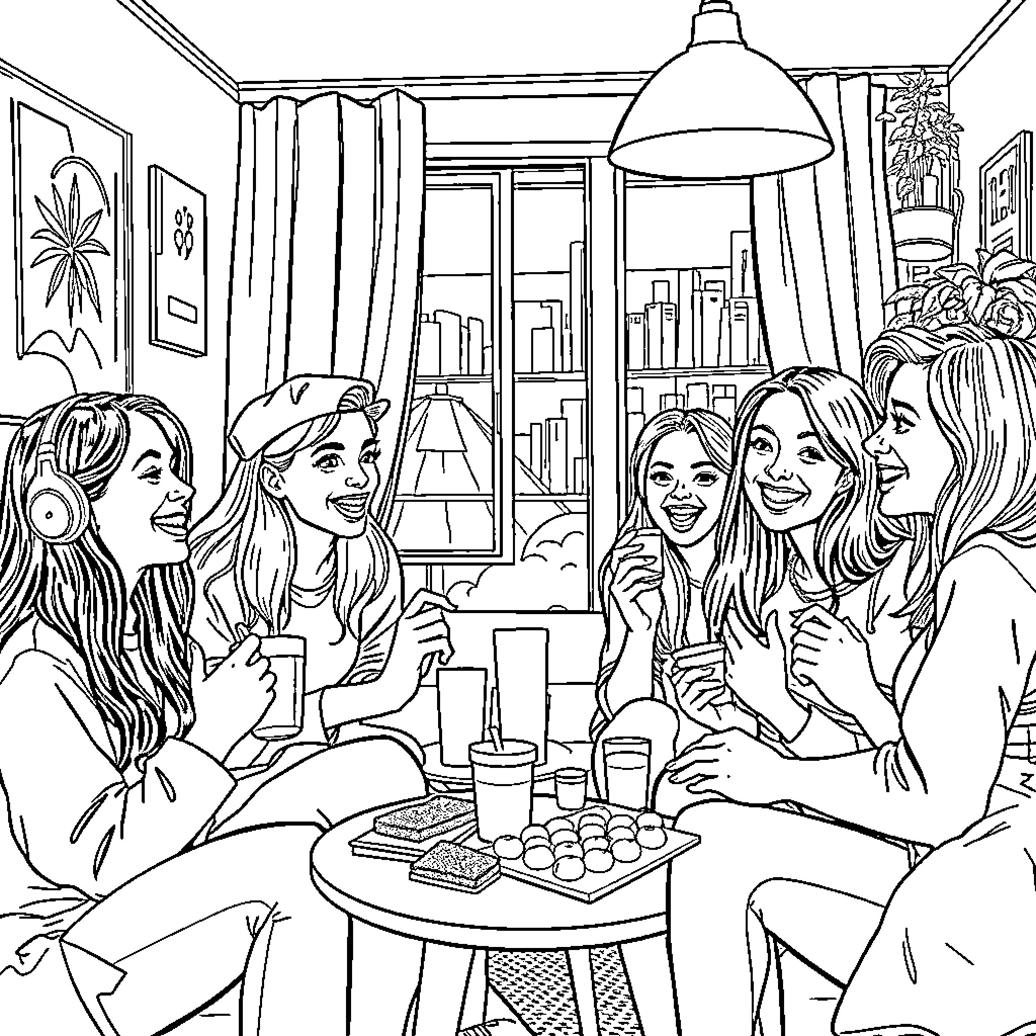 Teen girls having fun at a sleepover party Coloring Page (free black-and-white line drawing printable PDF for all, from beginners to advanced learners, including children, teens, adults, and seniors)