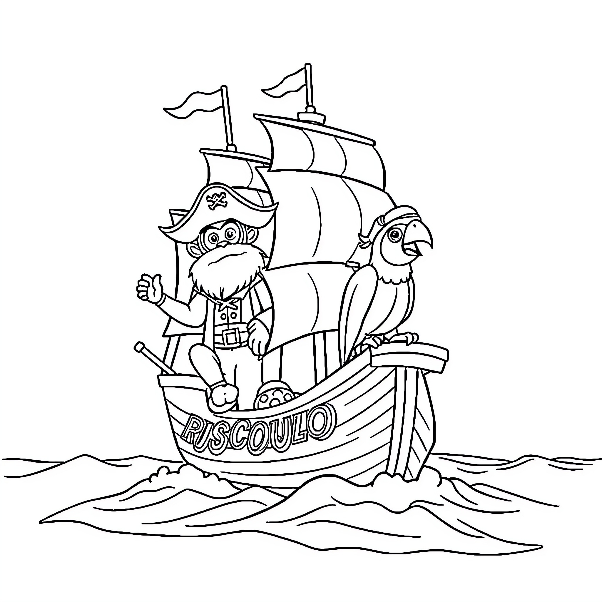 Pirate Ship with Crew Sailing the Seas Coloring Page (free black-and-white line drawing printable PDF for all, from beginners to advanced learners, including children, teens, adults, and seniors)