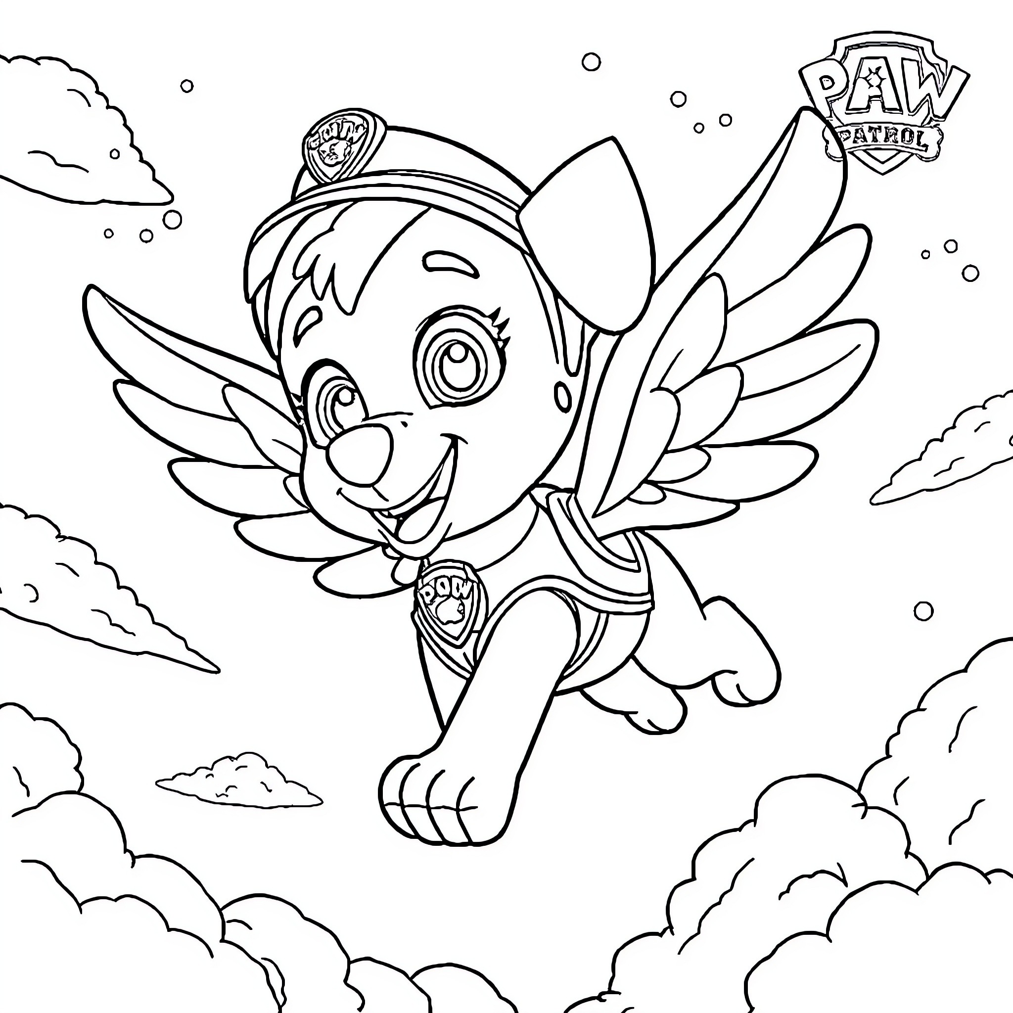 Stella the Winged Paw Patrol Puppy Coloring Page (free black-and-white line drawing printable PDF for all, from beginners to advanced learners, including children, teens, adults, and seniors)