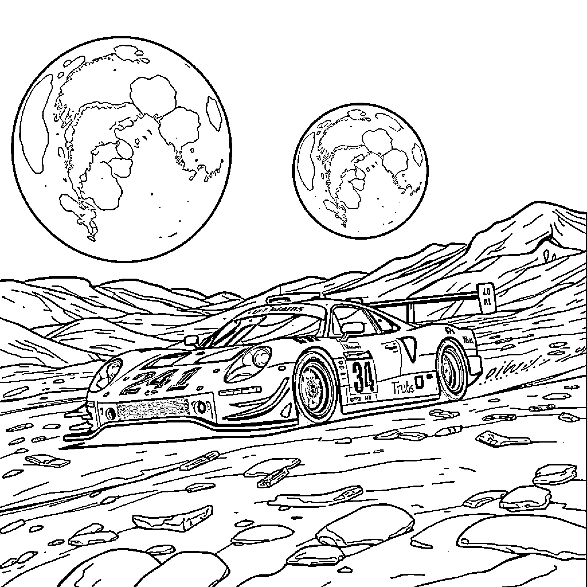 24h du Mans race car in a scenic desert landscape Coloring Page (free black-and-white line drawing printable PDF for all, from beginners to advanced learners, including children, teens, adults, and seniors)