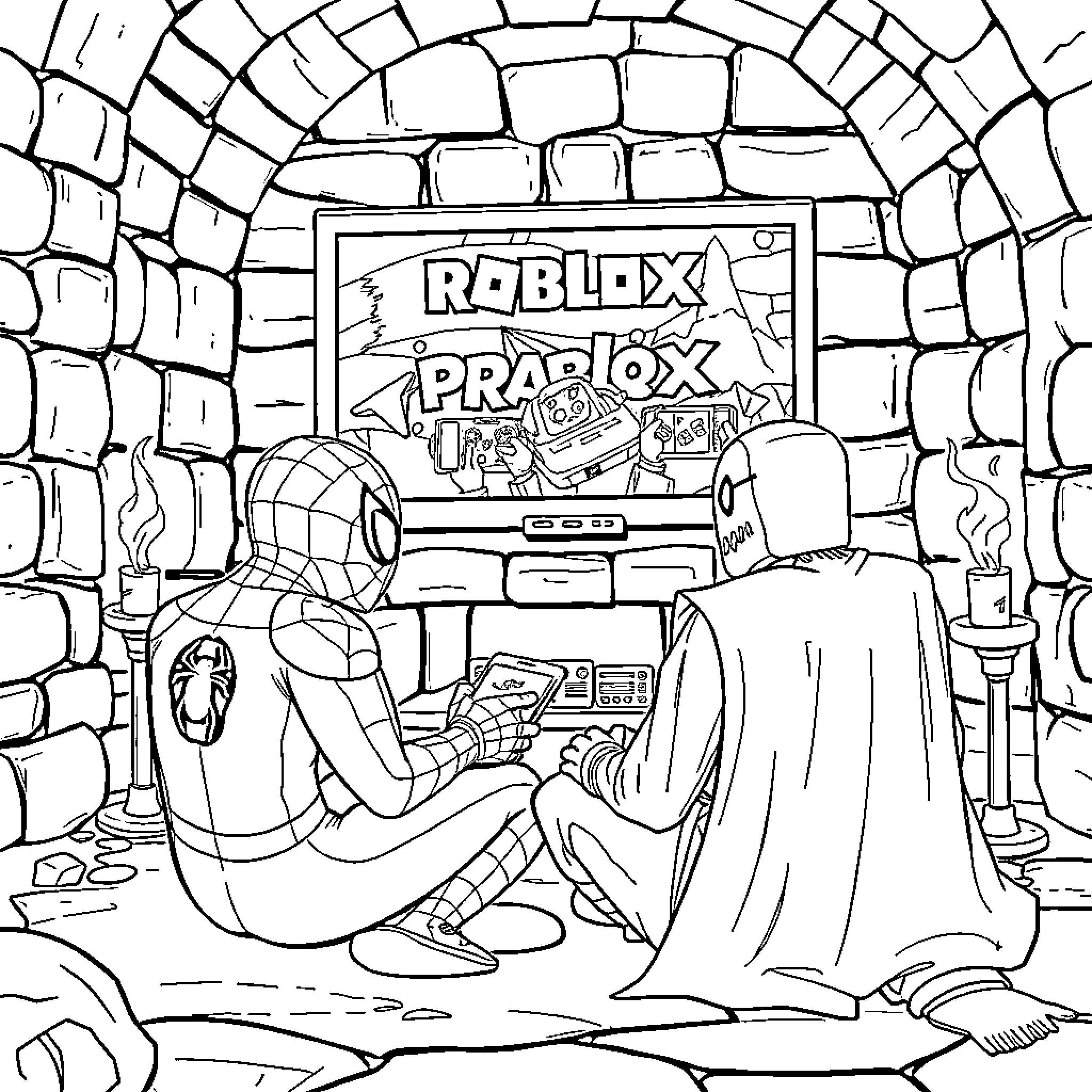Spider-Man playing Roblox and Prablox in a cozy hideout Coloring Page (free black-and-white line drawing printable PDF for all, from beginners to advanced learners, including children, teens, adults, and seniors)