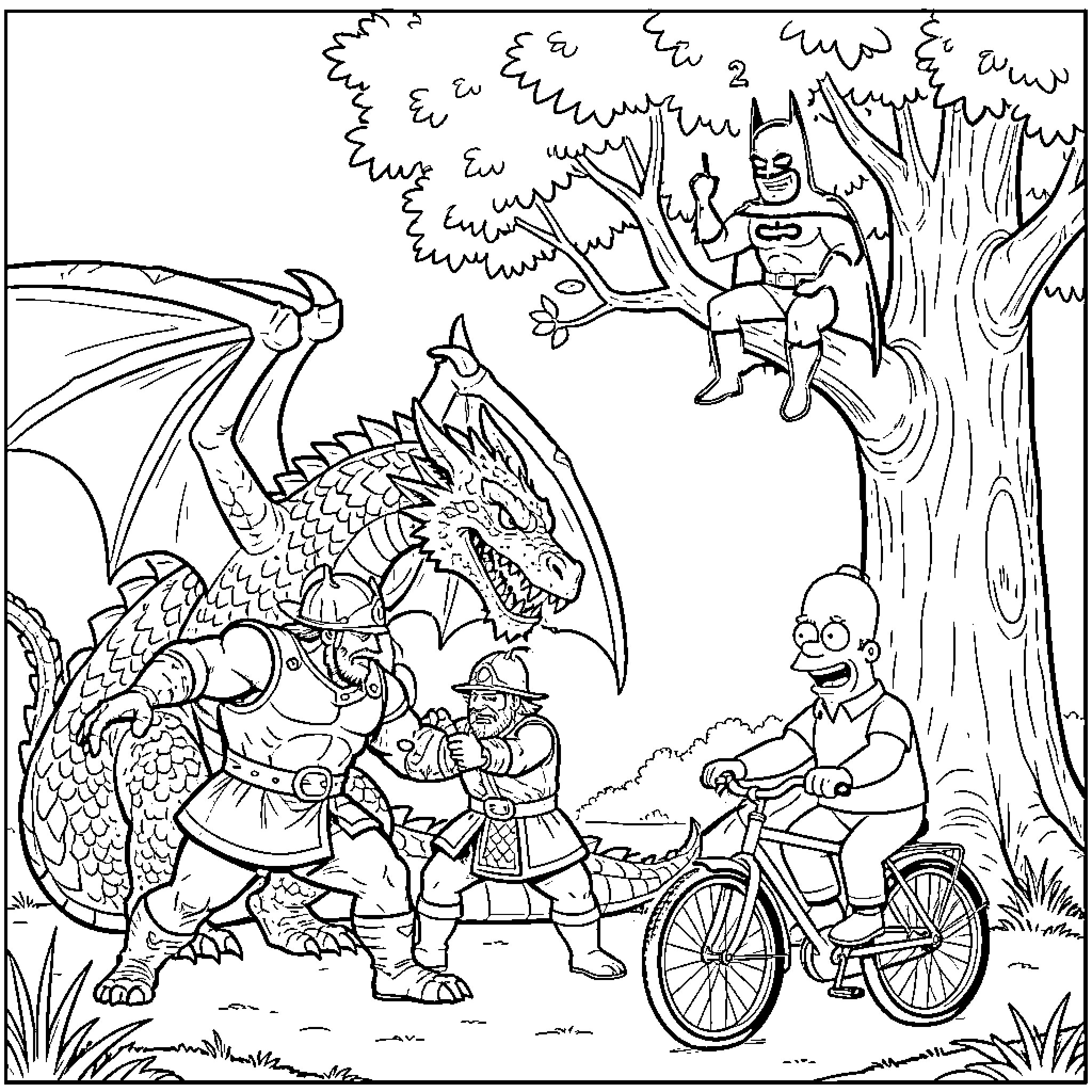 Viking warriors confronting a fearsome dragon in the forest Coloring Page (free black-and-white line drawing printable PDF for all, from beginners to advanced learners, including children, teens, adults, and seniors)