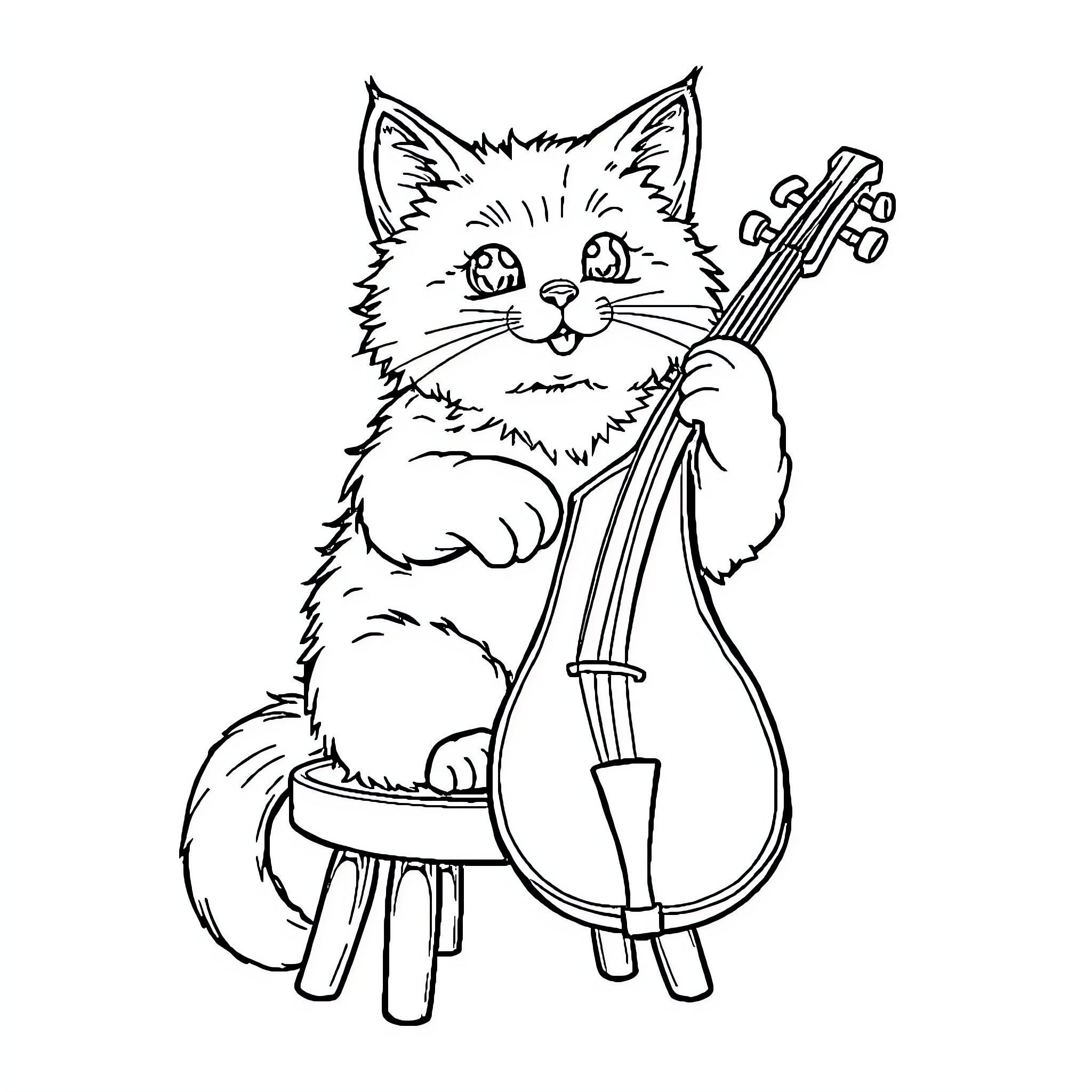 Cat playing musical instrument Coloring Page (free black-and-white line drawing printable PDF for all, from beginners to advanced learners, including children, teens, adults, and seniors)