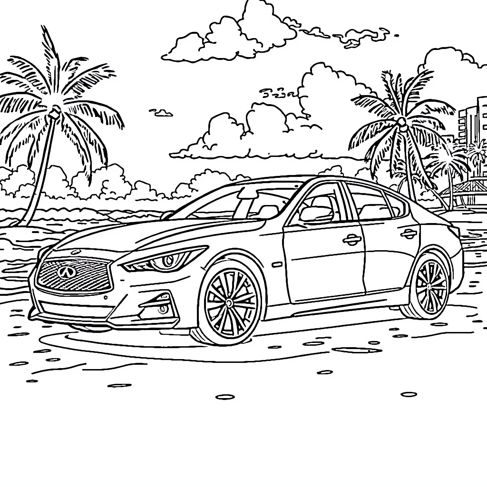 Q50 Luxury Car on the Beach Coloring Page (free black-and-white line drawing printable PDF for all, from beginners to advanced learners, including children, teens, adults, and seniors)