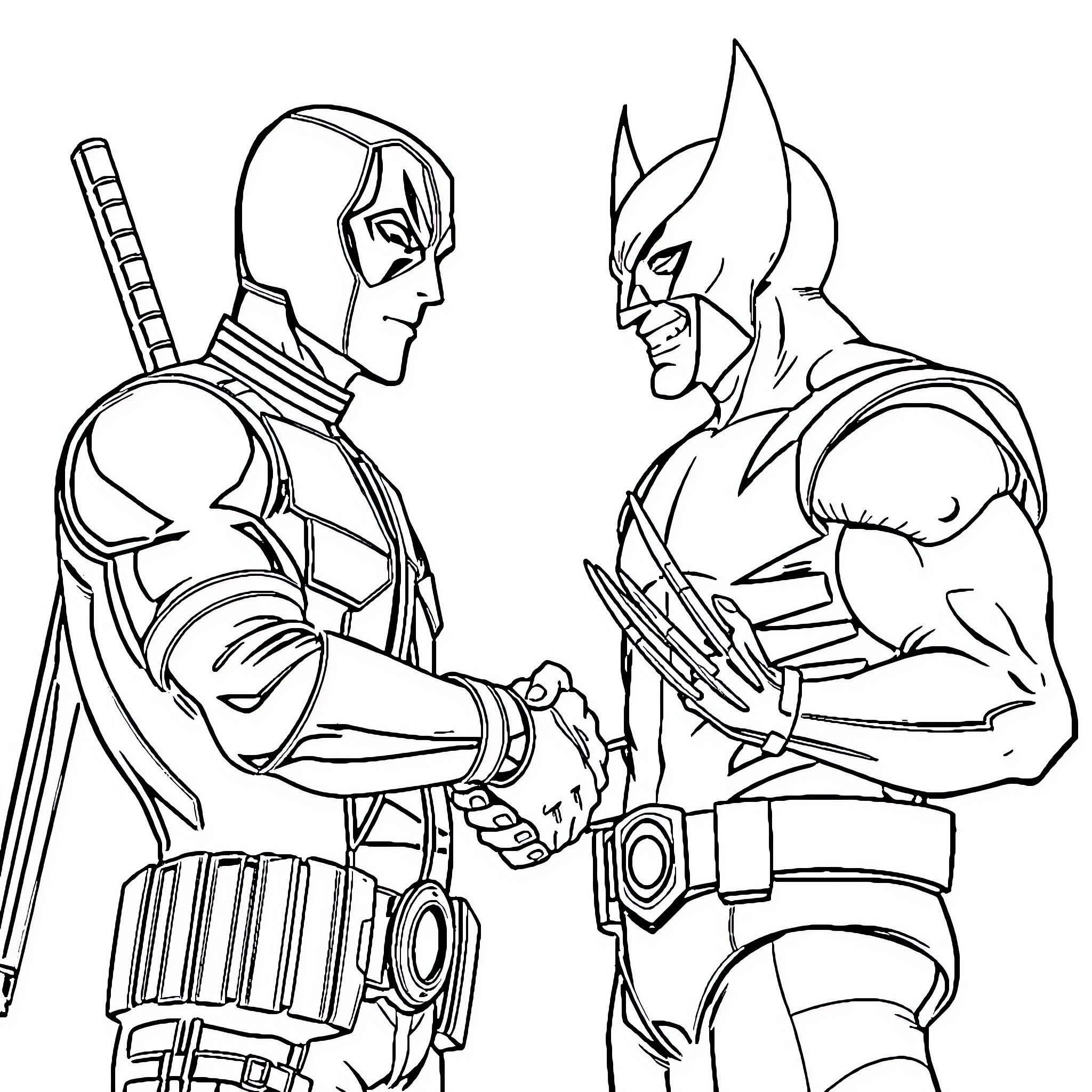 Deadpool and Wolverine engage in intense confrontation Coloring Page (free black-and-white line drawing printable PDF for all, from beginners to advanced learners, including children, teens, adults, and seniors)