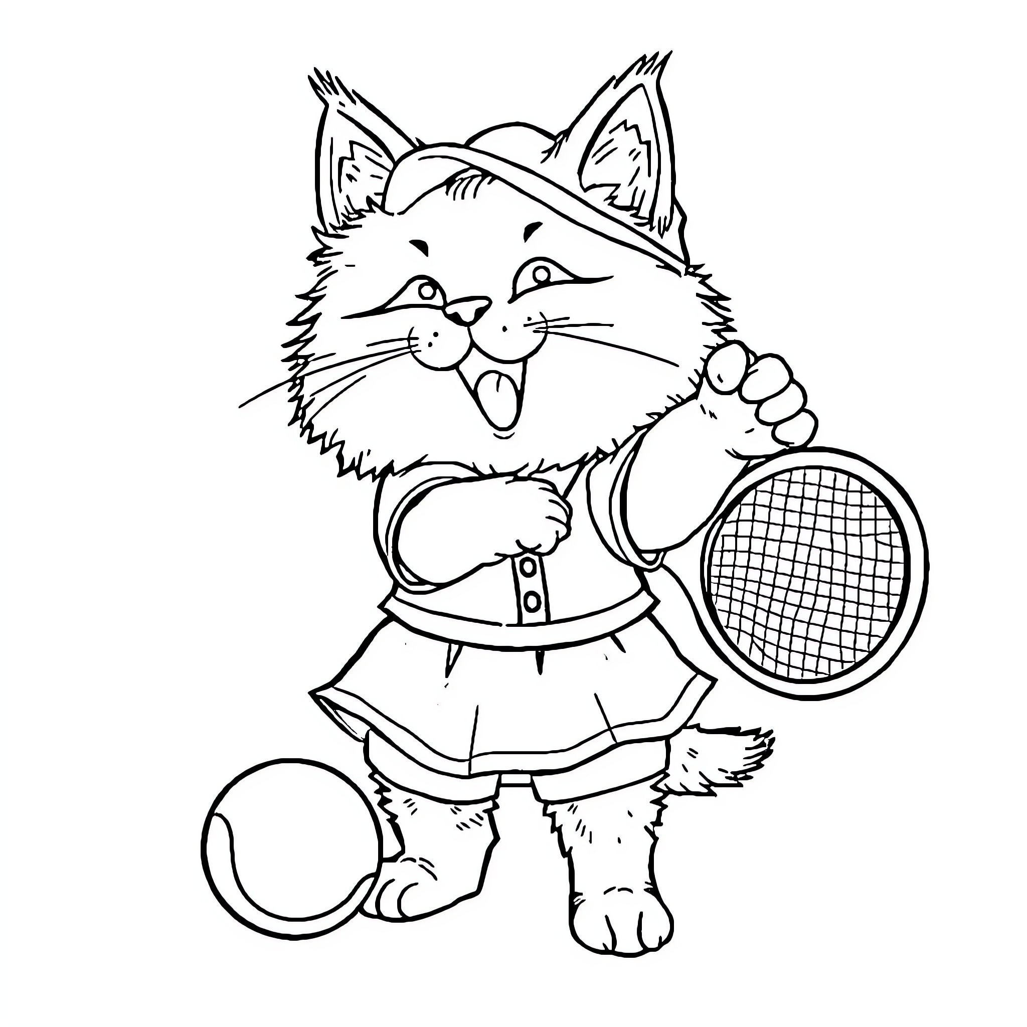 Cat playing with tennis racket Coloring Page (free black-and-white line drawing printable PDF for all, from beginners to advanced learners, including children, teens, adults, and seniors)