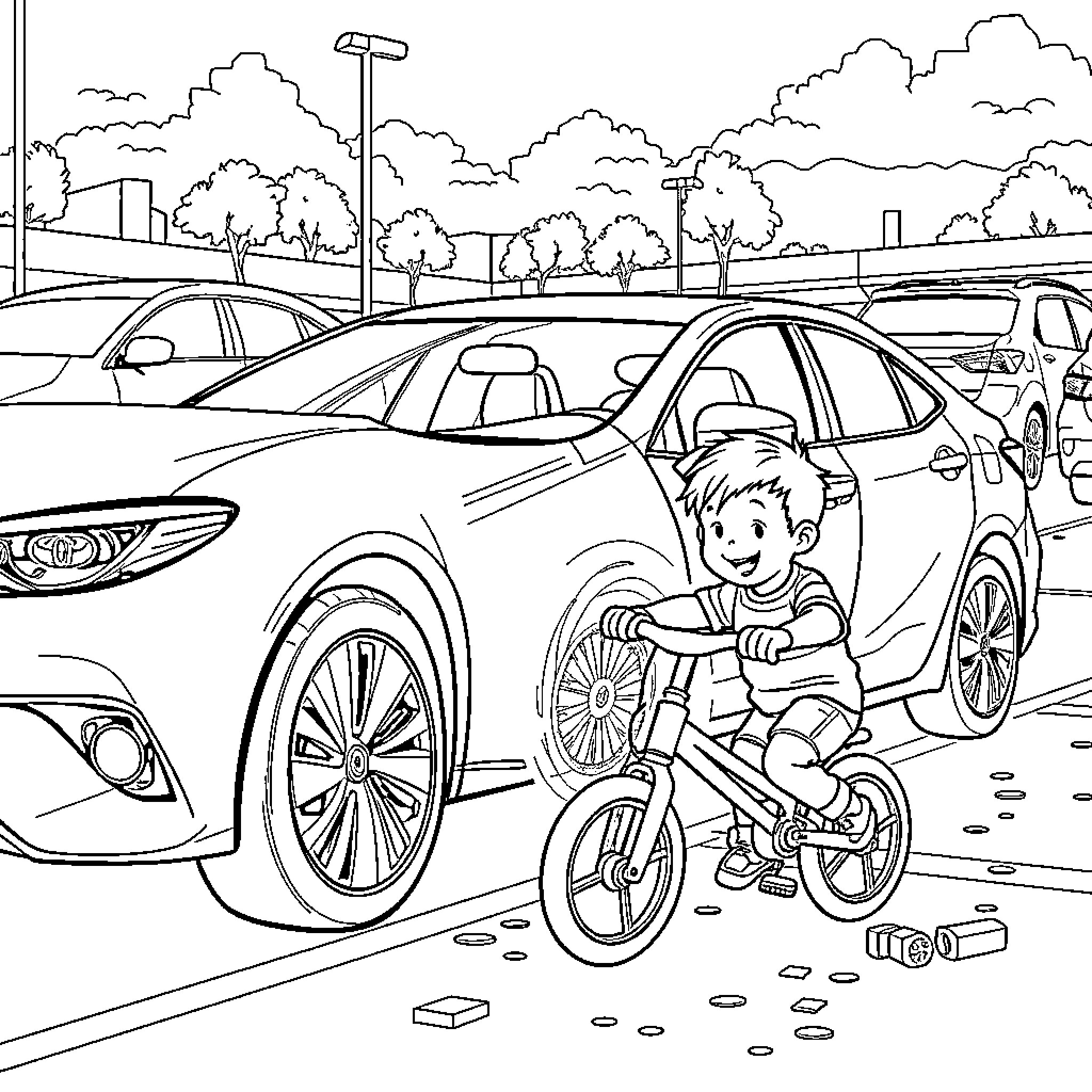 Toyota Corolla parked in lot with child riding bicycle Coloring Page (free black-and-white line drawing printable PDF for all, from beginners to advanced learners, including children, teens, adults, and seniors)