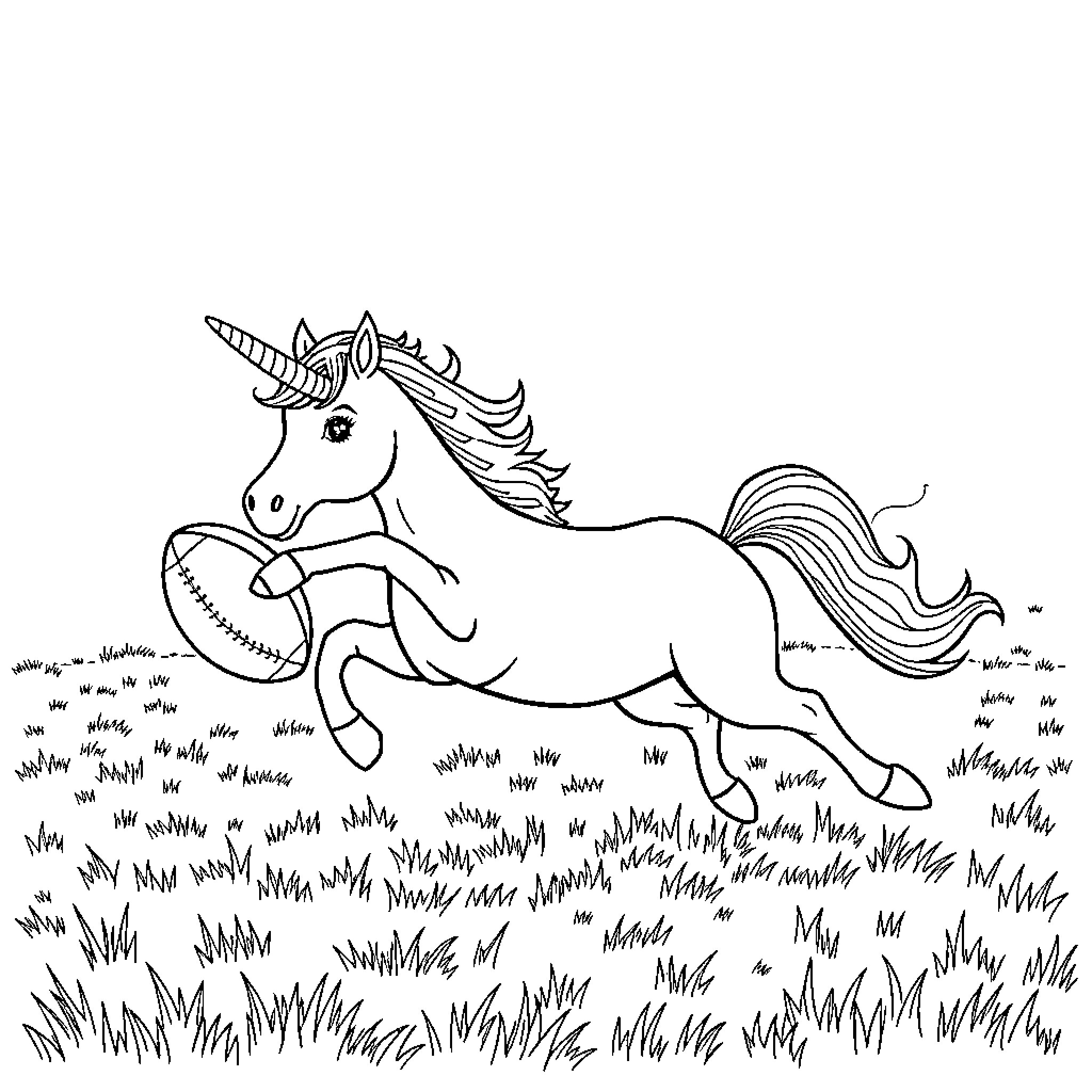 Unicorn playing happily in the meadow Coloring Page (free black-and-white line drawing printable PDF for all, from beginners to advanced learners, including children, teens, adults, and seniors)