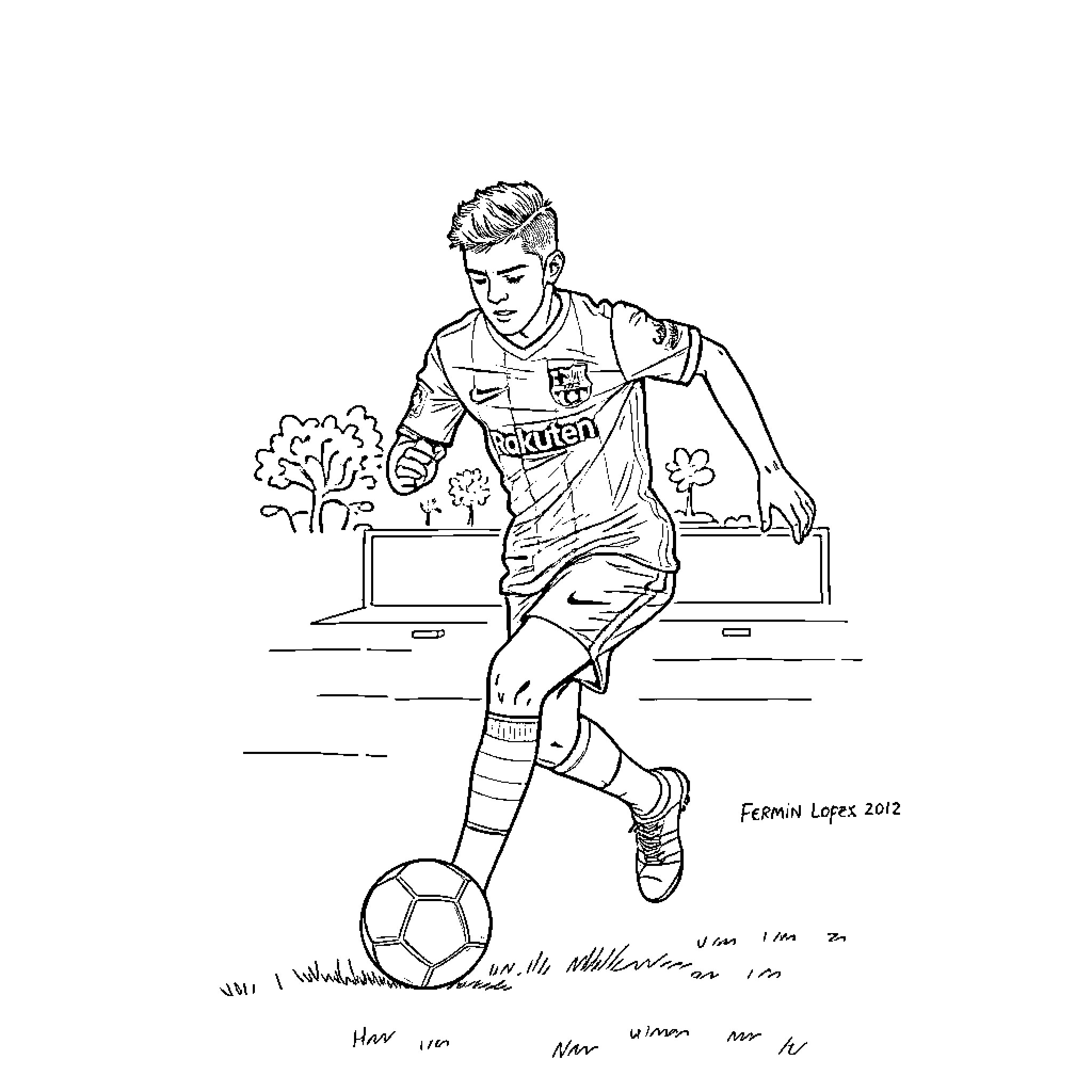 Fermin Lopez playing soccer on the field Coloring Page (free black-and-white line drawing printable PDF for all, from beginners to advanced learners, including children, teens, adults, and seniors)