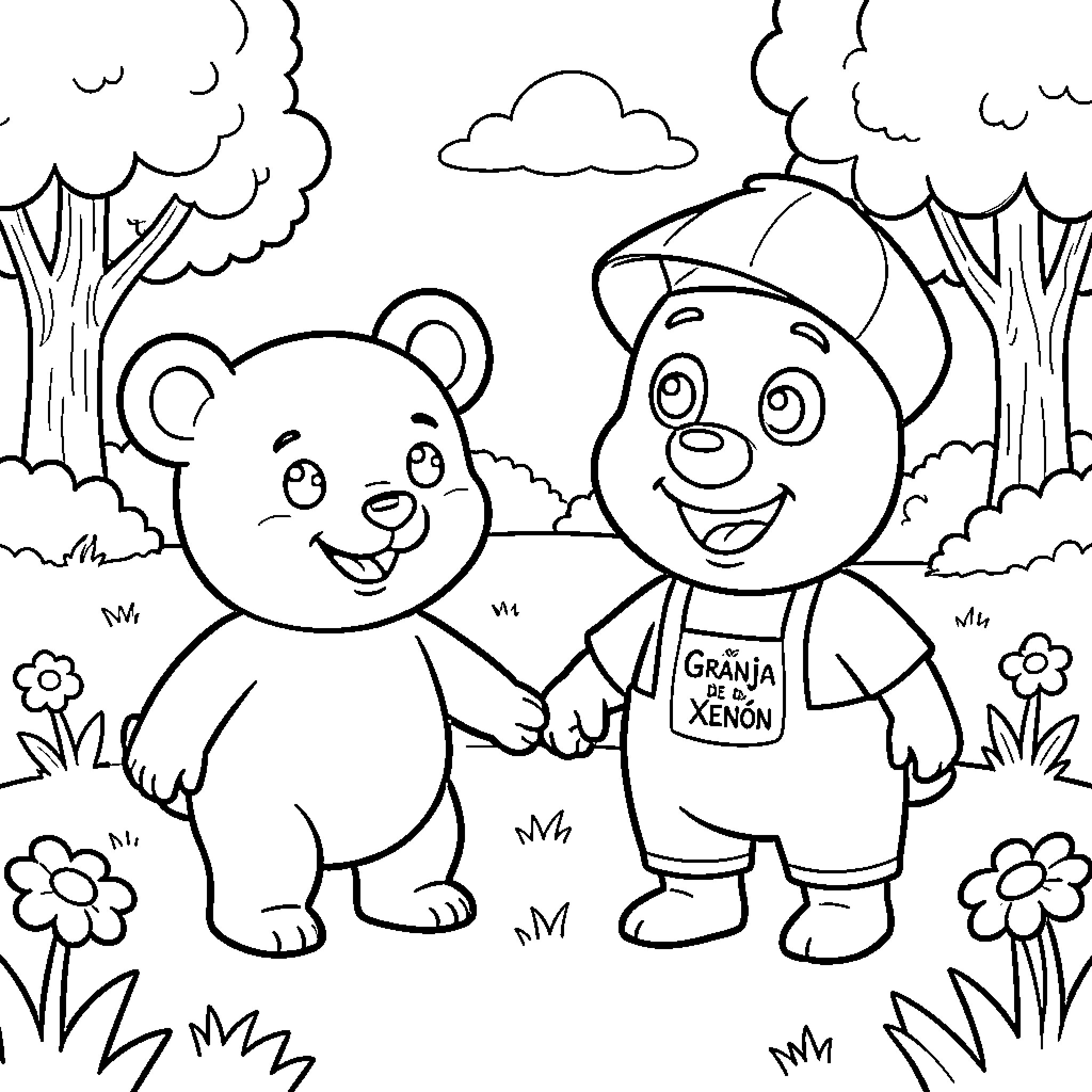 Gummy Bear friends playing in the park Coloring Page (free black-and-white line drawing printable PDF for all, from beginners to advanced learners, including children, teens, adults, and seniors)