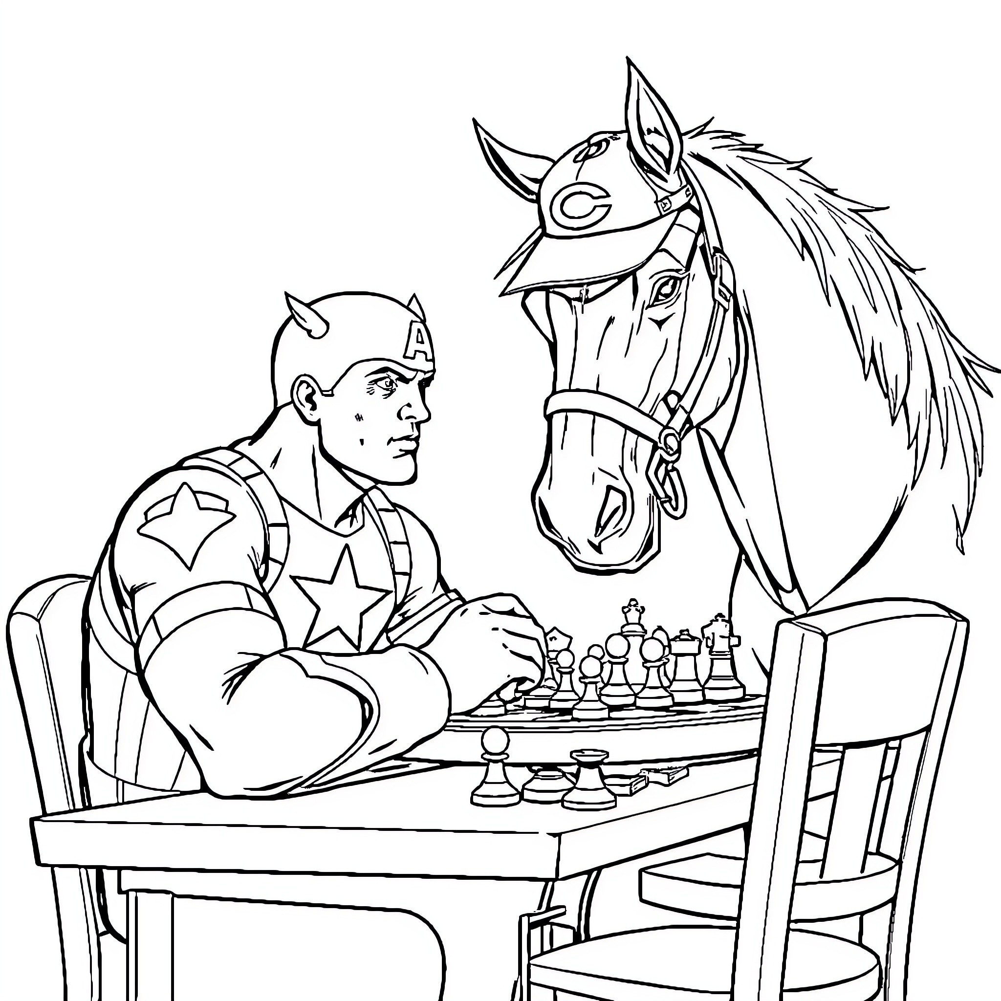 Captain America playing chess with his horse Coloring Page (free black-and-white line drawing printable PDF for all, from beginners to advanced learners, including children, teens, adults, and seniors)