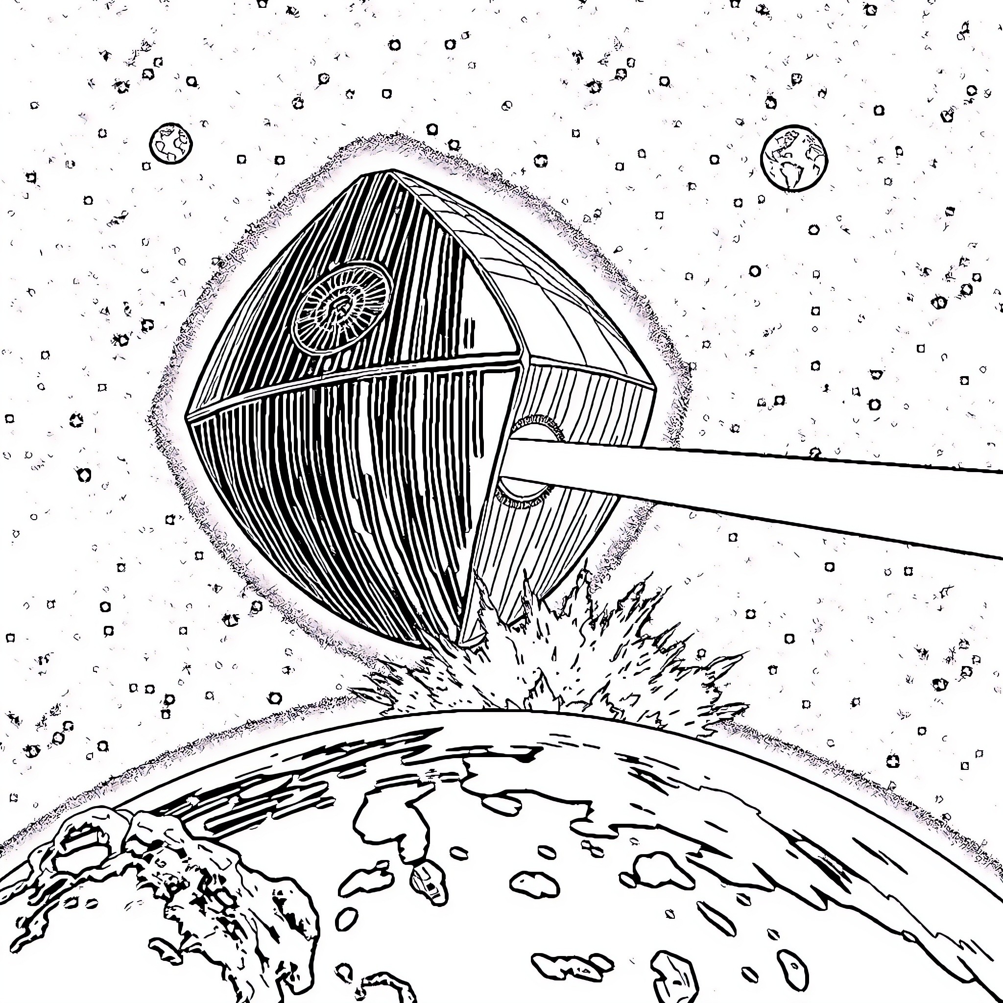 Death Star on the Brink of Destruction Coloring Page (free black-and-white line drawing printable PDF for all, from beginners to advanced learners, including children, teens, adults, and seniors)