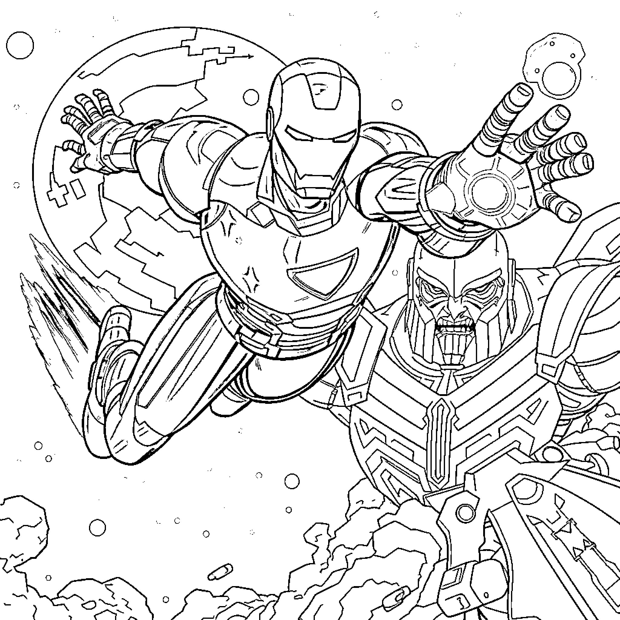 Iron Man in action-packed battle scene Coloring Page (free black-and-white line drawing printable PDF for all, from beginners to advanced learners, including children, teens, adults, and seniors)