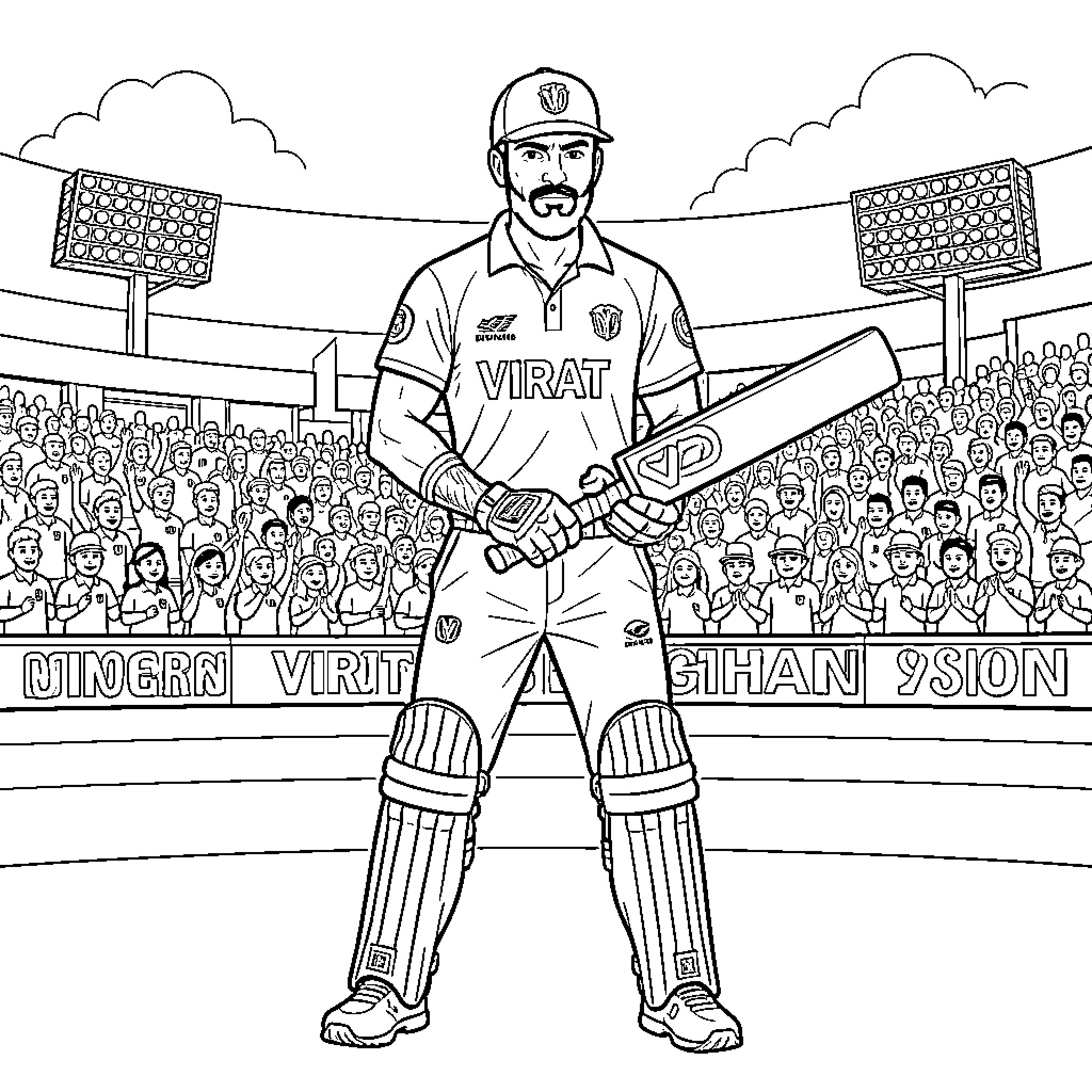 Virat holding a cricket bat in a stadium Coloring Page (free black-and-white line drawing printable PDF for all, from beginners to advanced learners, including children, teens, adults, and seniors)