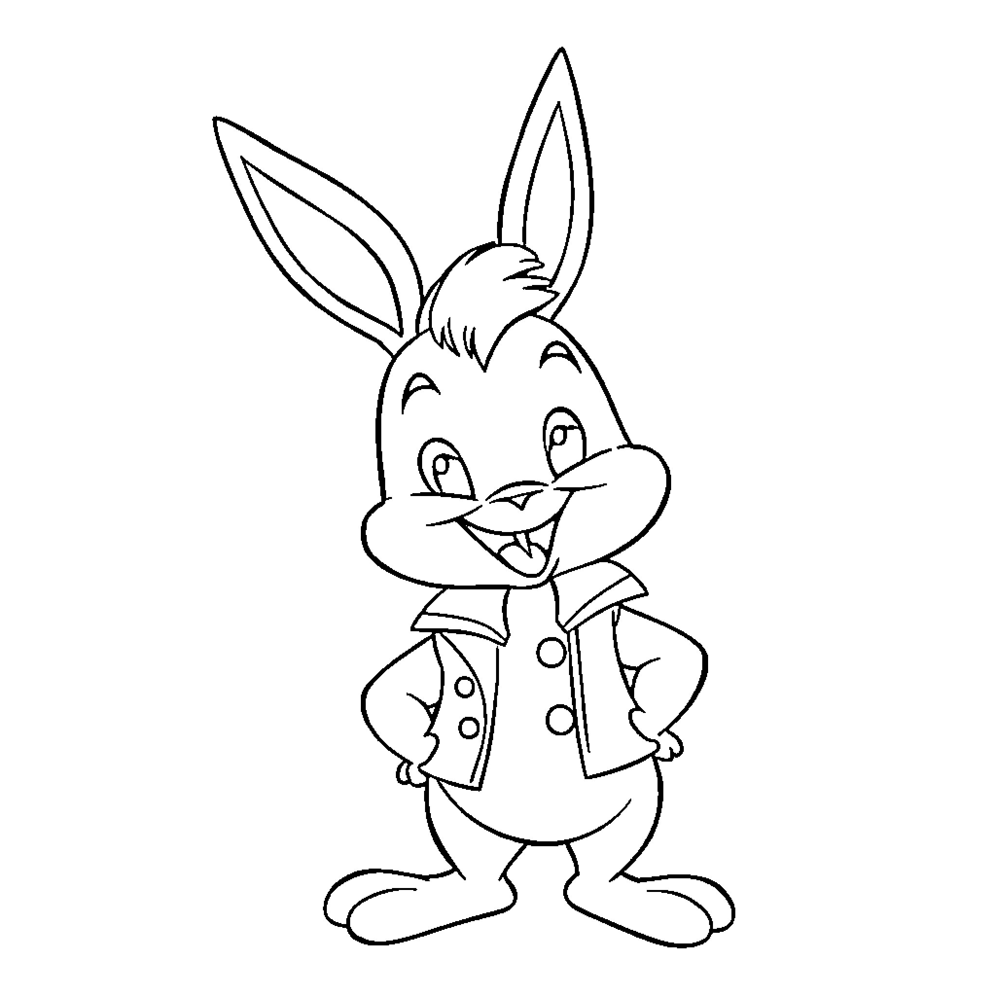 Lucas the Cheerful Rabbit in a Polka Dot Outfit Coloring Page (free black-and-white line drawing printable PDF for all, from beginners to advanced learners, including children, teens, adults, and seniors)