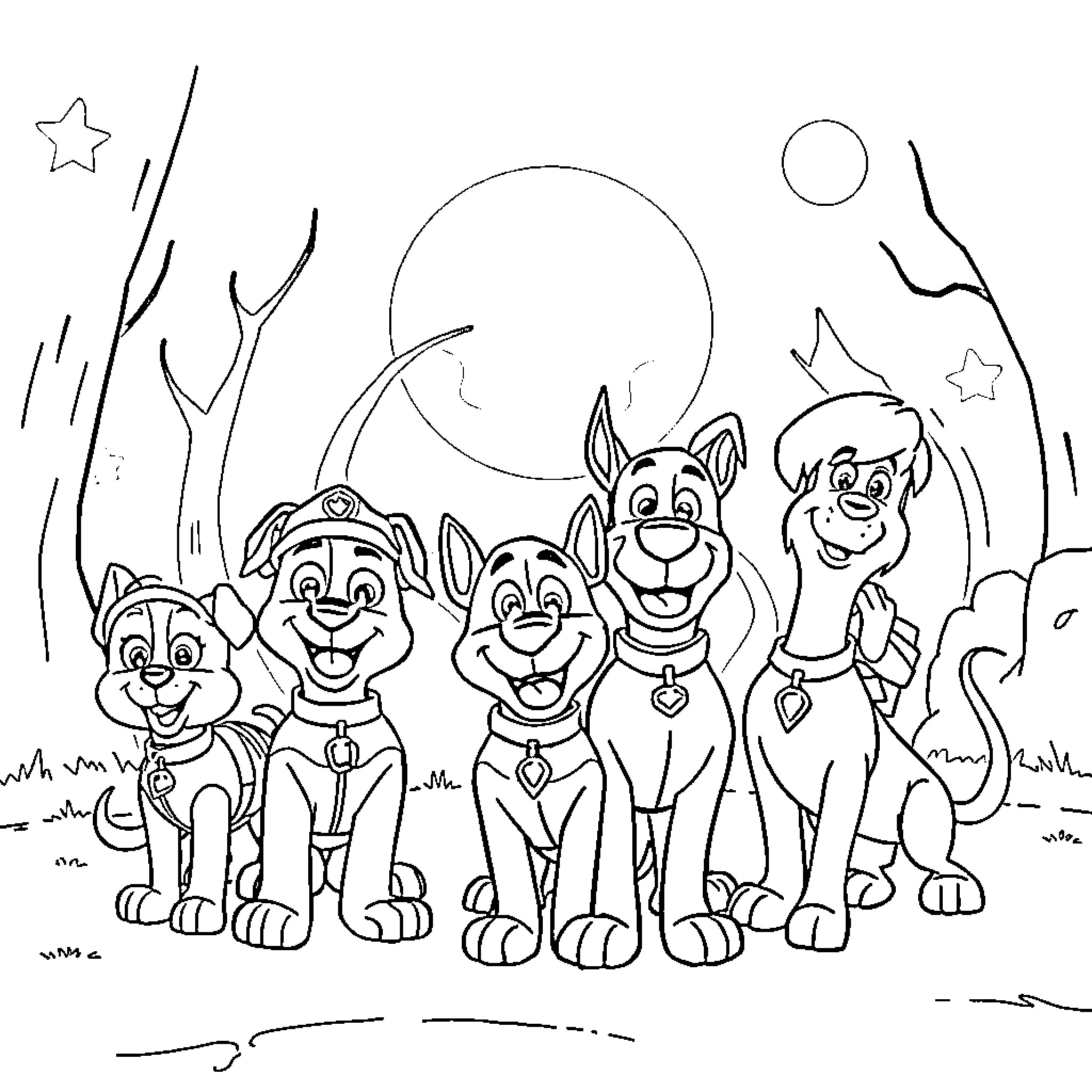Paw Patrol characters in a nighttime scene Coloring Page (free black-and-white line drawing printable PDF for all, from beginners to advanced learners, including children, teens, adults, and seniors)