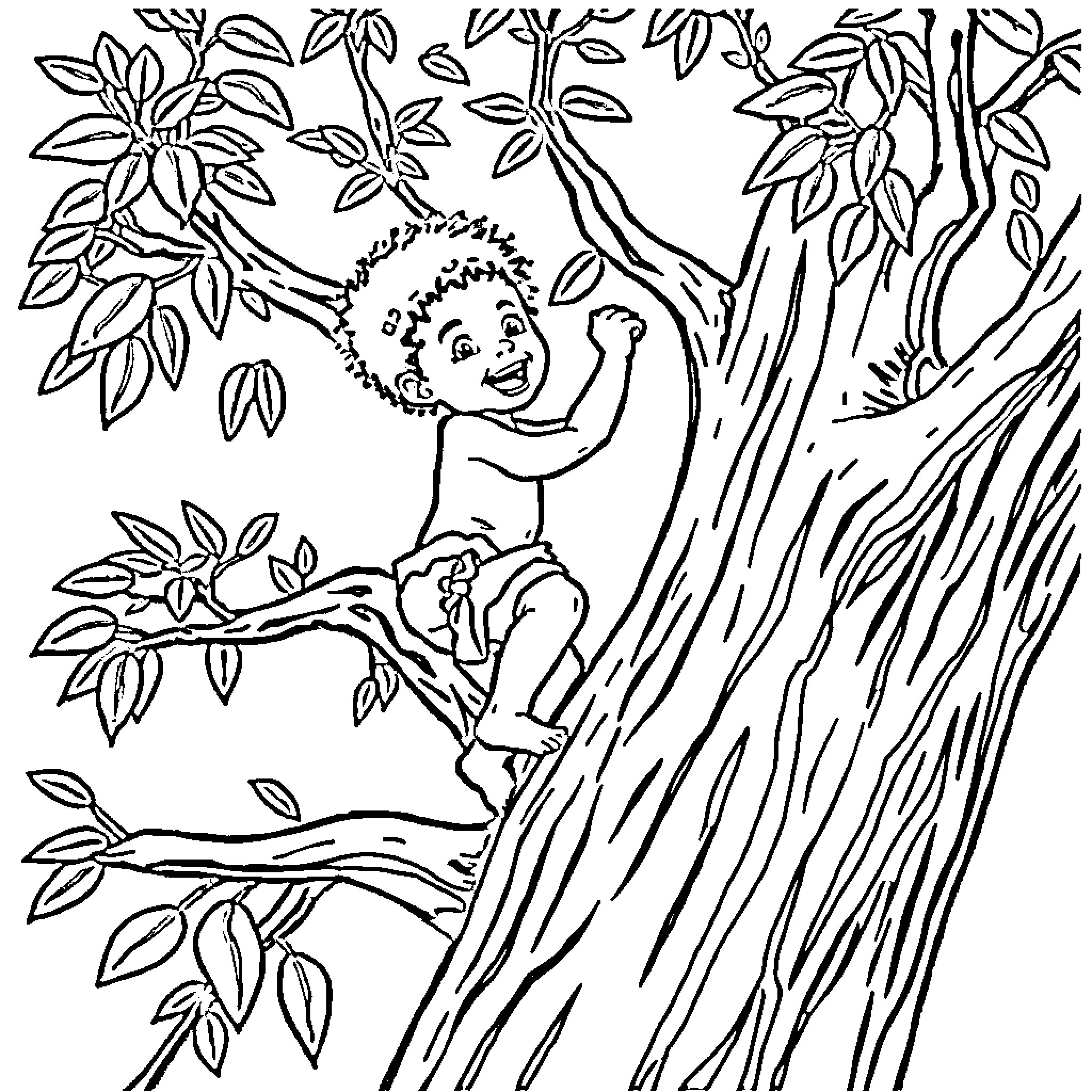 Toddler swinging joyfully on tree branches Coloring Page (free black-and-white line drawing printable PDF for all, from beginners to advanced learners, including children, teens, adults, and seniors)