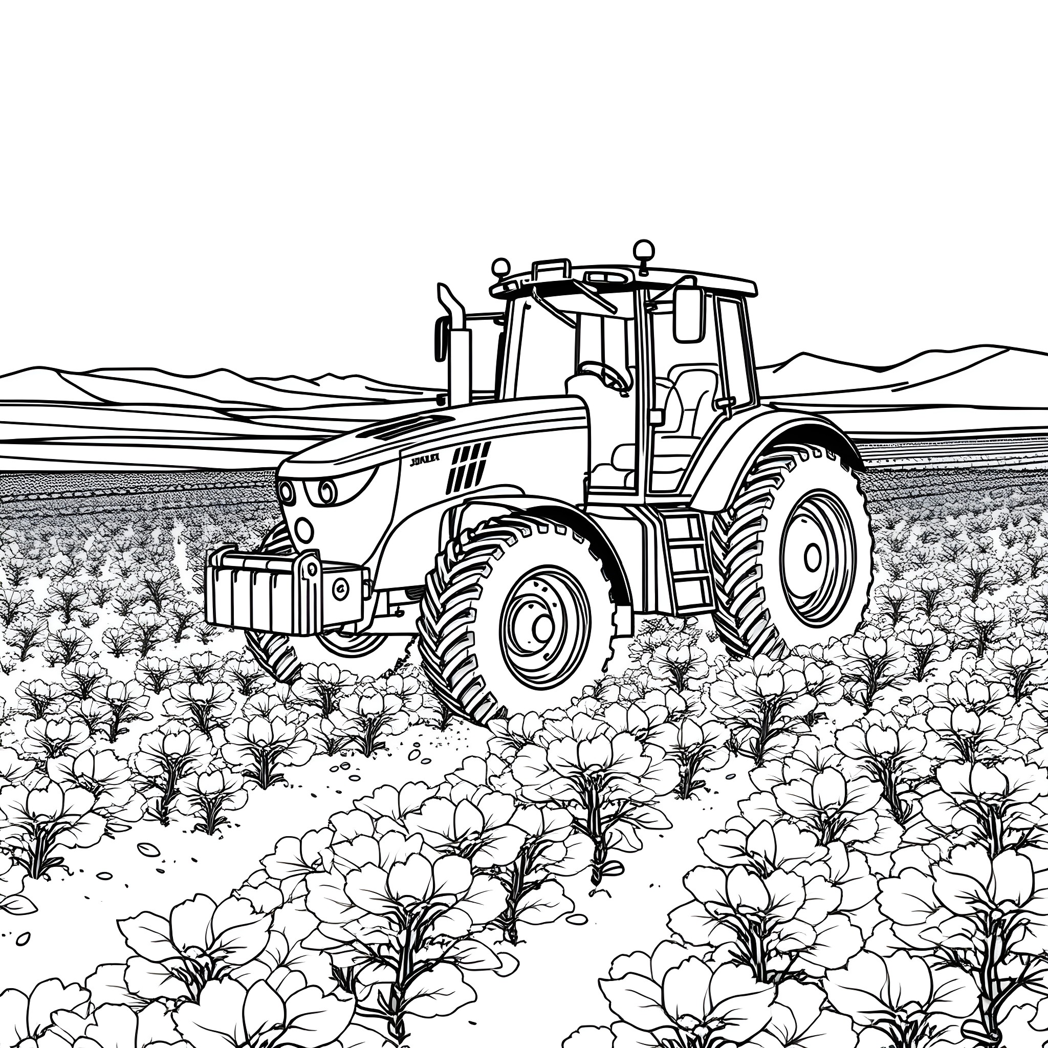 Tractor plowing through a field of flowers Coloring Page (free black-and-white line drawing printable PDF for all, from beginners to advanced learners, including children, teens, adults, and seniors)
