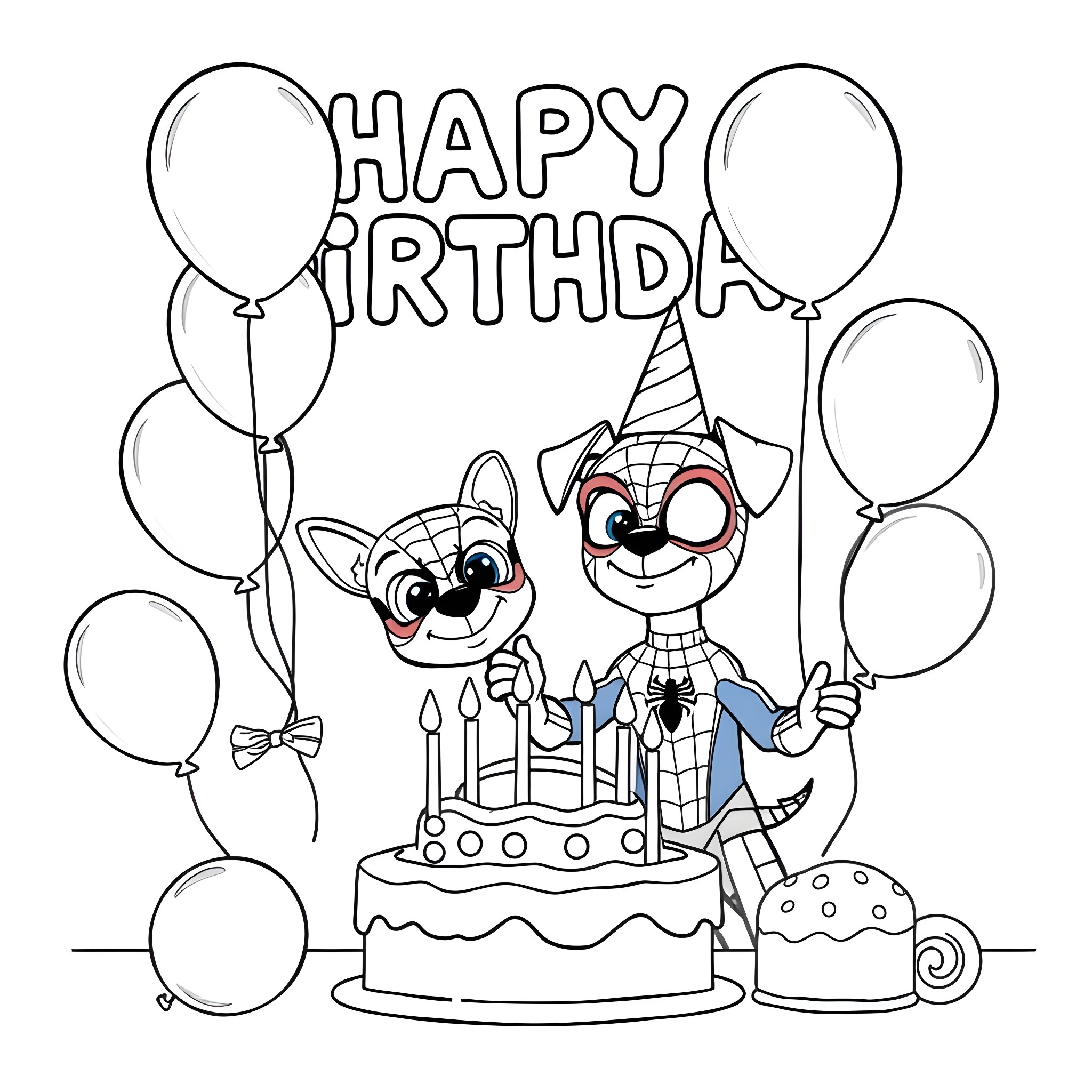 Spider characters celebrating happy birthday with cake and balloons Coloring Page (free black-and-white line drawing printable PDF for all, from beginners to advanced learners, including children, teens, adults, and seniors)