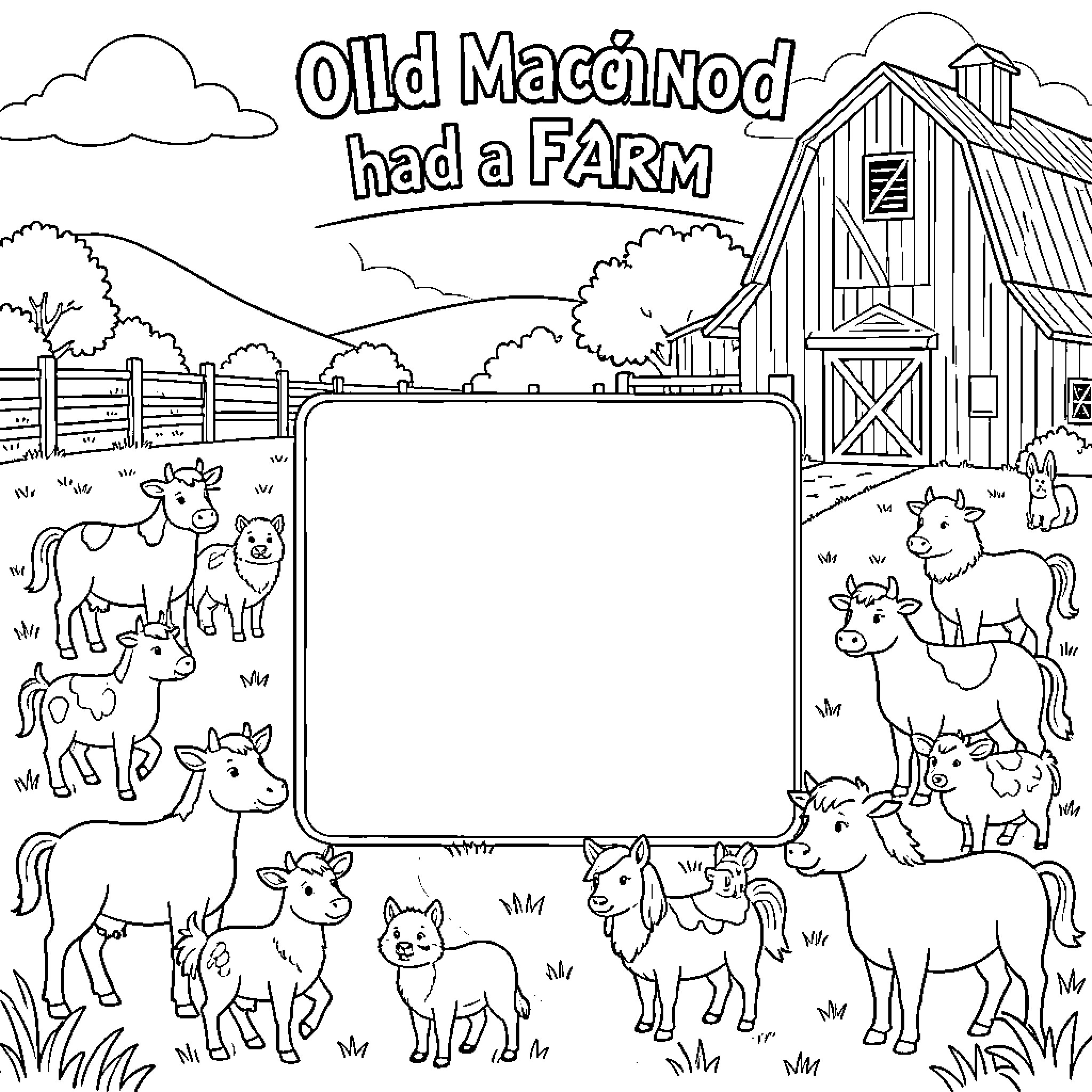 Old McDonald had a FARM with animals in the field Coloring Page (free black-and-white line drawing printable PDF for all, from beginners to advanced learners, including children, teens, adults, and seniors)