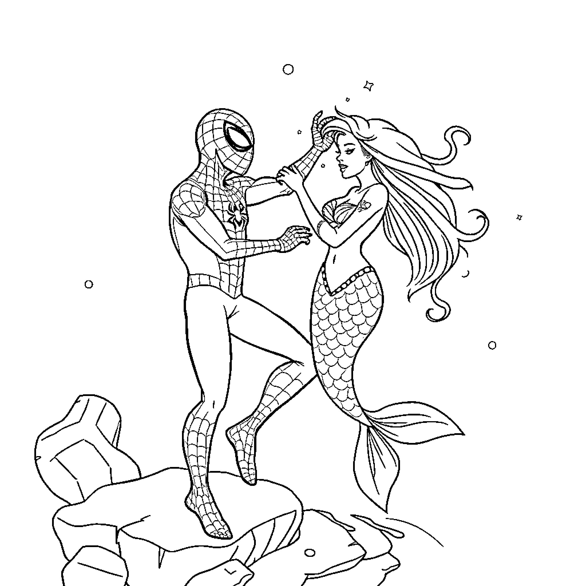 Spidey and Mermaid in Undersea Adventure Coloring Page (free black-and-white line drawing printable PDF for all, from beginners to advanced learners, including children, teens, adults, and seniors)