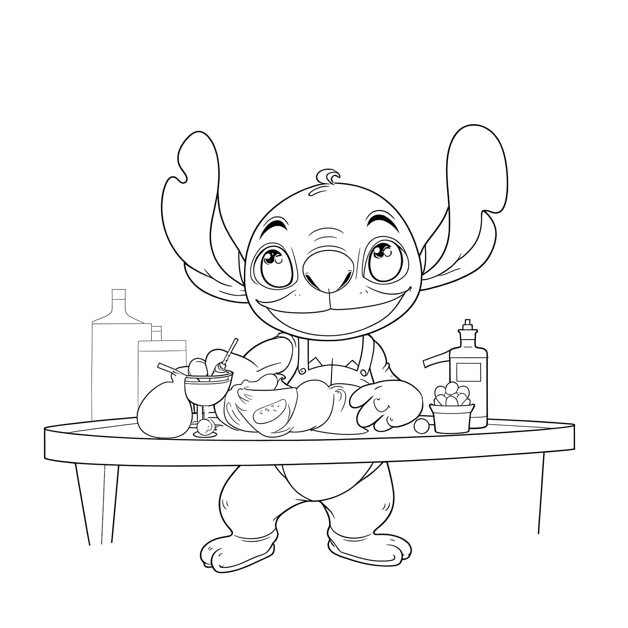 Stitch preparing a meal in the kitchen Coloring Page (free black-and-white line drawing printable PDF for all, from beginners to advanced learners, including children, teens, adults, and seniors)
