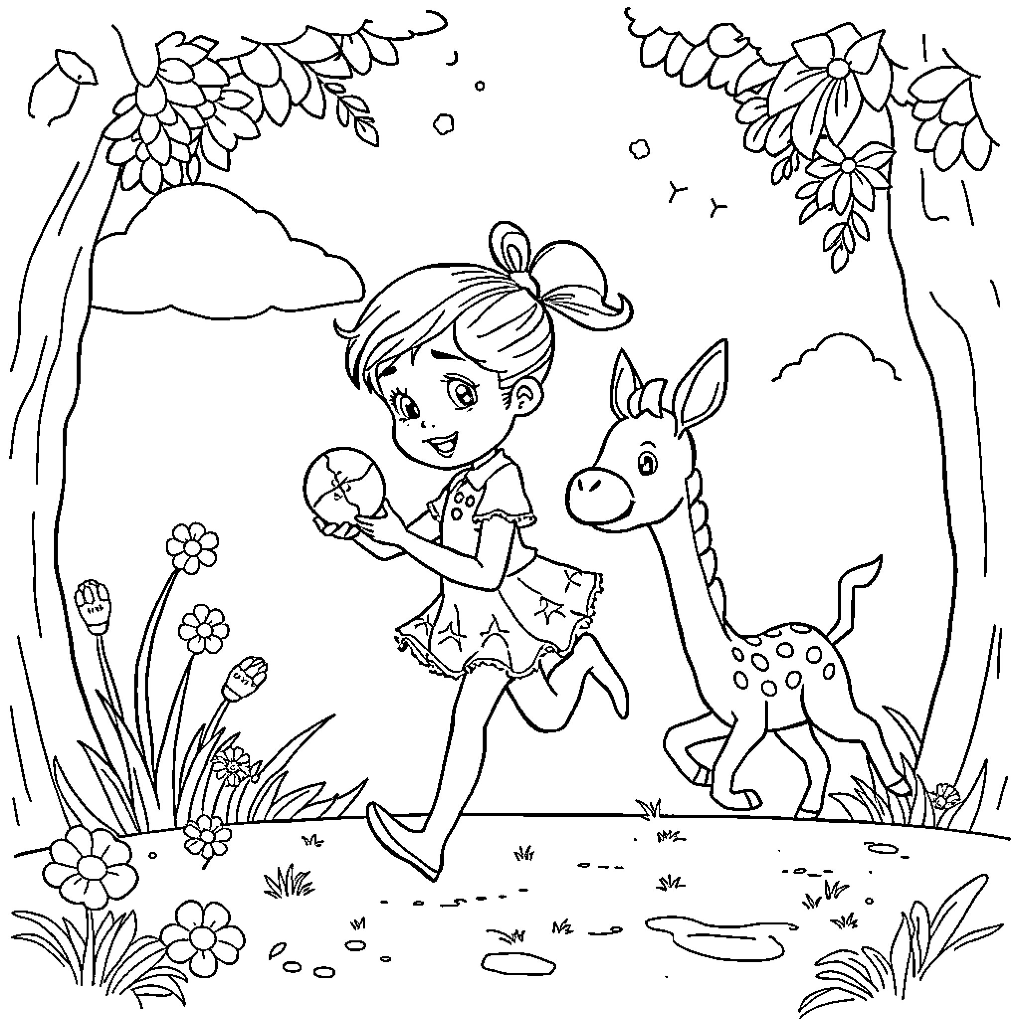 Child exploring nature with a friendly deer Coloring Page (free black-and-white line drawing printable PDF for all, from beginners to advanced learners, including children, teens, adults, and seniors)