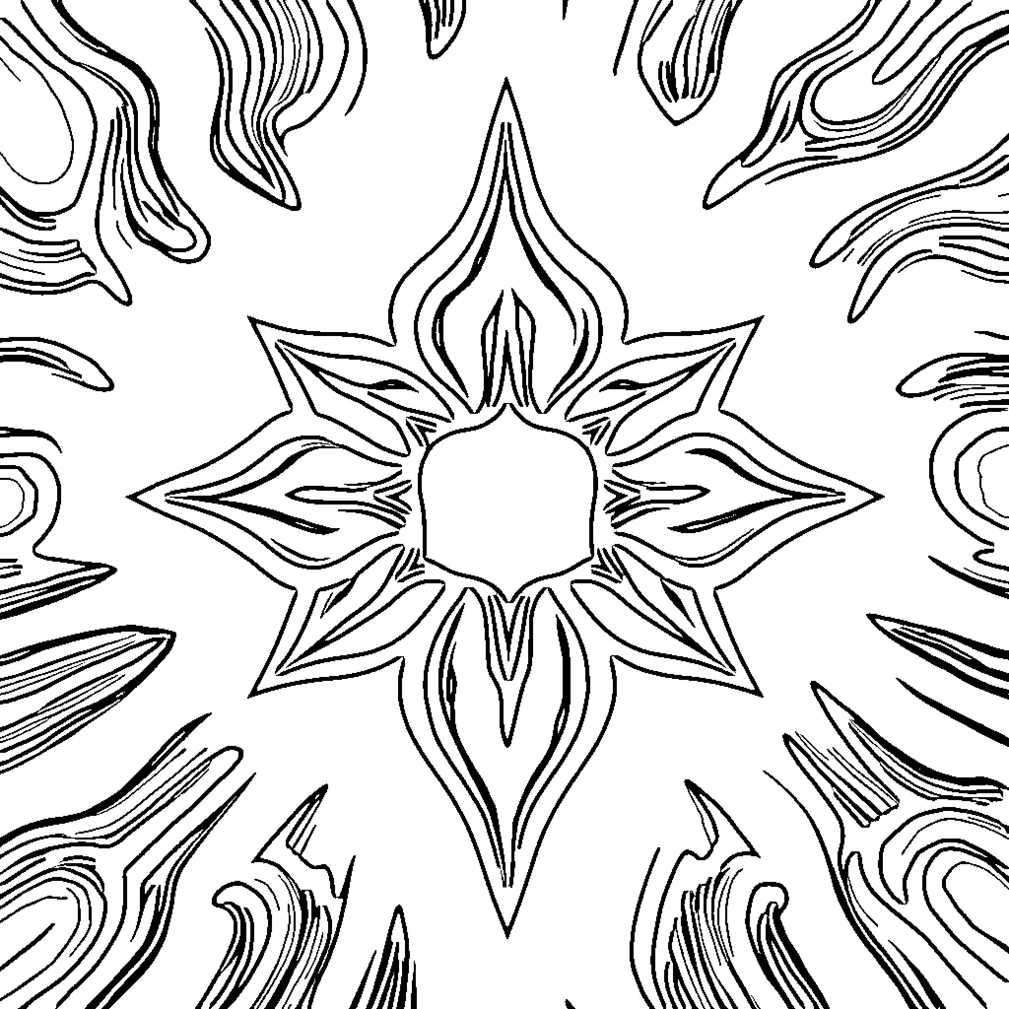 Chili Pepper Burst of Stylized Shapes Coloring Page (free black-and-white line drawing printable PDF for all, from beginners to advanced learners, including children, teens, adults, and seniors)