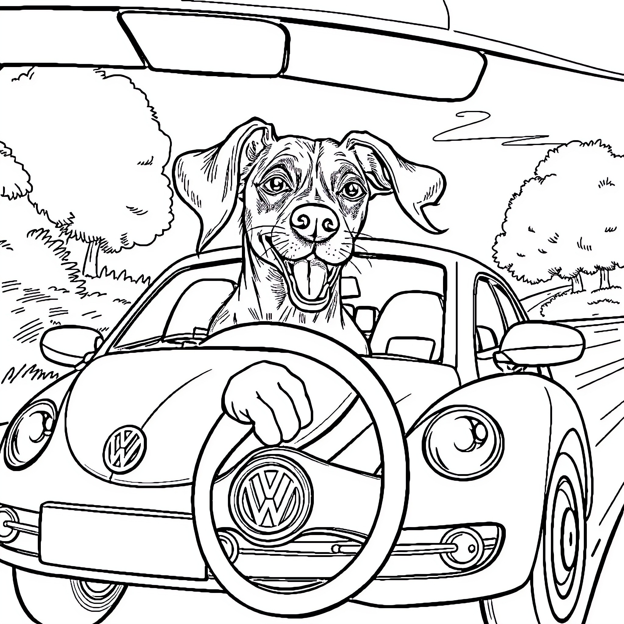 Vizsla dog driving a car happily Coloring Page (free black-and-white line drawing printable PDF for all, from beginners to advanced learners, including children, teens, adults, and seniors)