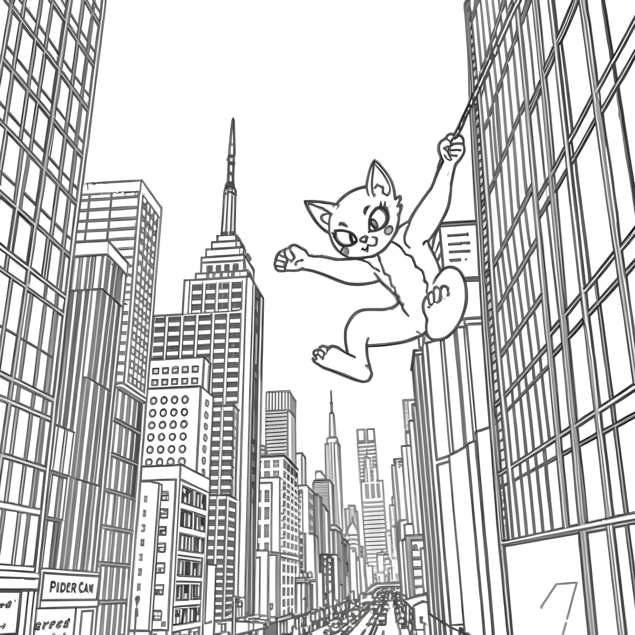 Spidercat swinging through the city skyscrapers Coloring Page (free black-and-white line drawing printable PDF for all, from beginners to advanced learners, including children, teens, adults, and seniors)