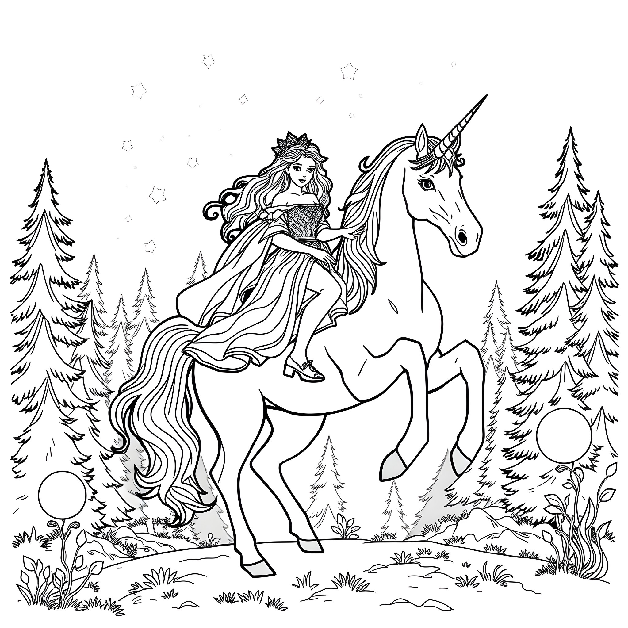 Princess Riding a Majestic Unicorn in a Magical Forest Coloring Page (free black-and-white line drawing printable PDF for all, from beginners to advanced learners, including children, teens, adults, and seniors)