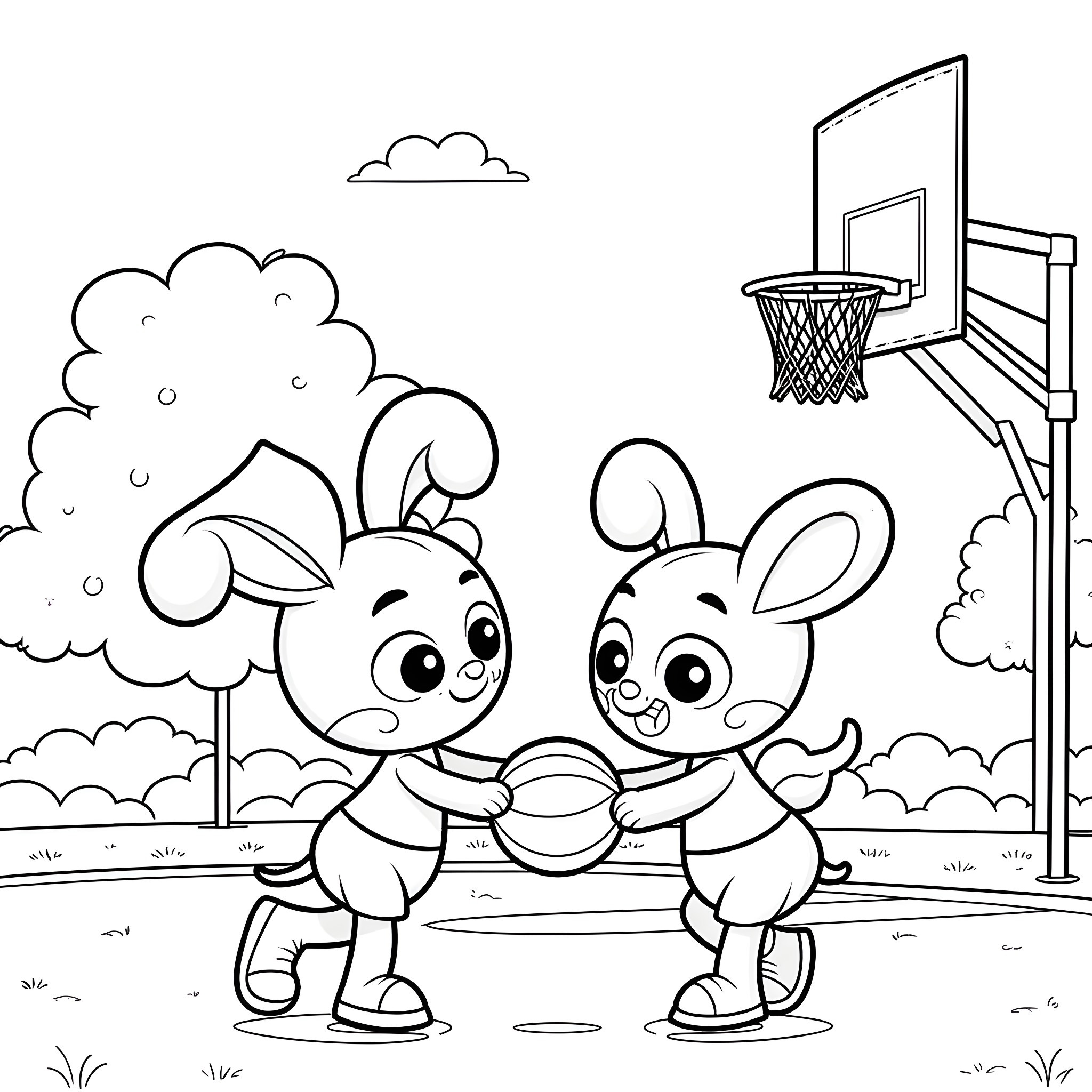 Bluey playing basketball with friends on the court Coloring Page (free black-and-white line drawing printable PDF for all, from beginners to advanced learners, including children, teens, adults, and seniors)