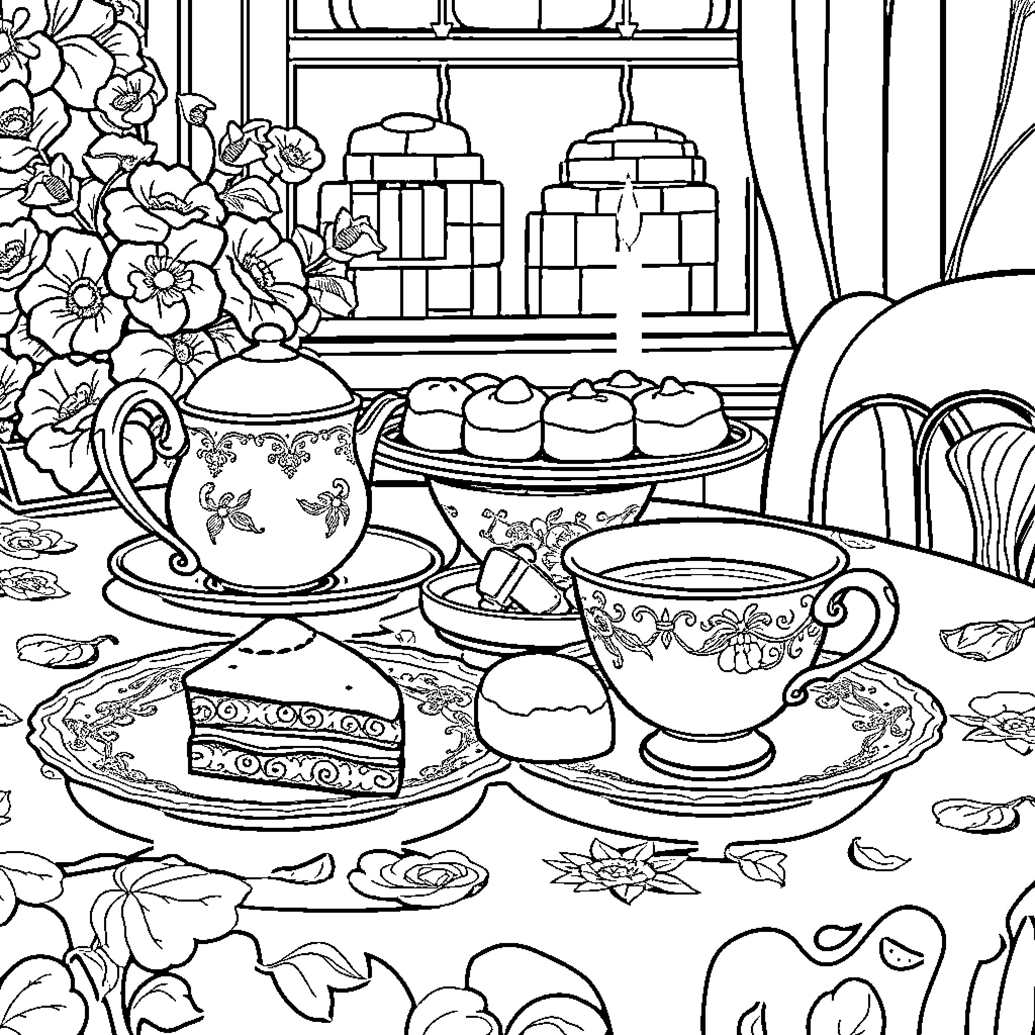 Tea Cup Treats and Elegance Coloring Page (free black-and-white line drawing printable PDF for all, from beginners to advanced learners, including children, teens, adults, and seniors)