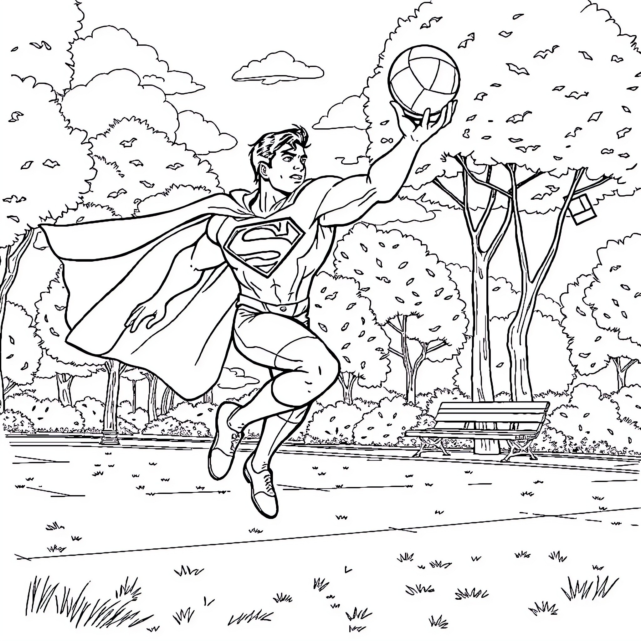 Superman flying heroically through the sky Coloring Page (free black-and-white line drawing printable PDF for all, from beginners to advanced learners, including children, teens, adults, and seniors)
